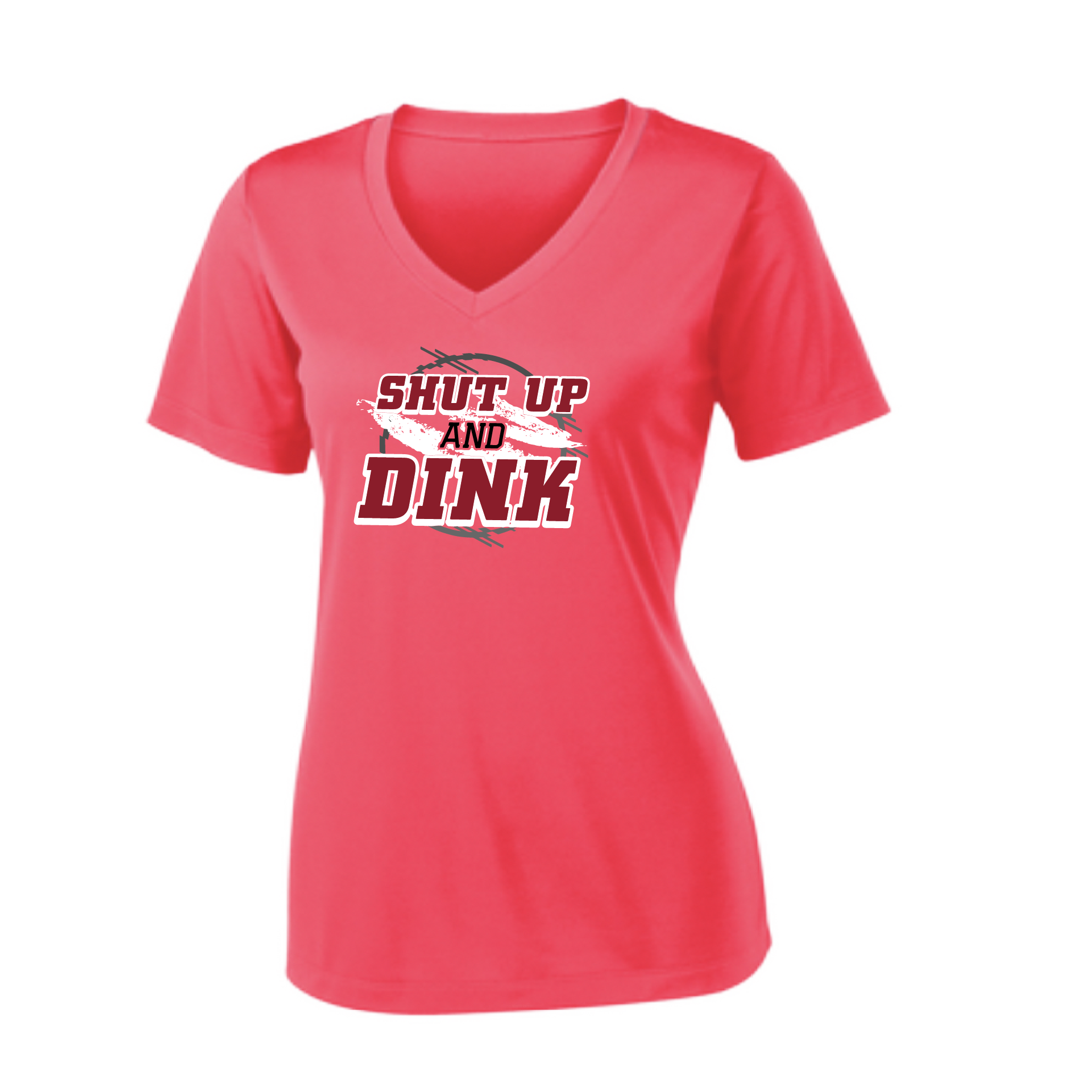 Pickleball Design: Shut up and Dink  Women's Styles: Short-Sleeve V-Neck  Turn up the volume in this Women's shirt with its perfect mix of softness and attitude. Material is ultra-comfortable with moisture wicking properties and tri-blend softness. PosiCharge technology locks in color. Highly breathable and lightweight.