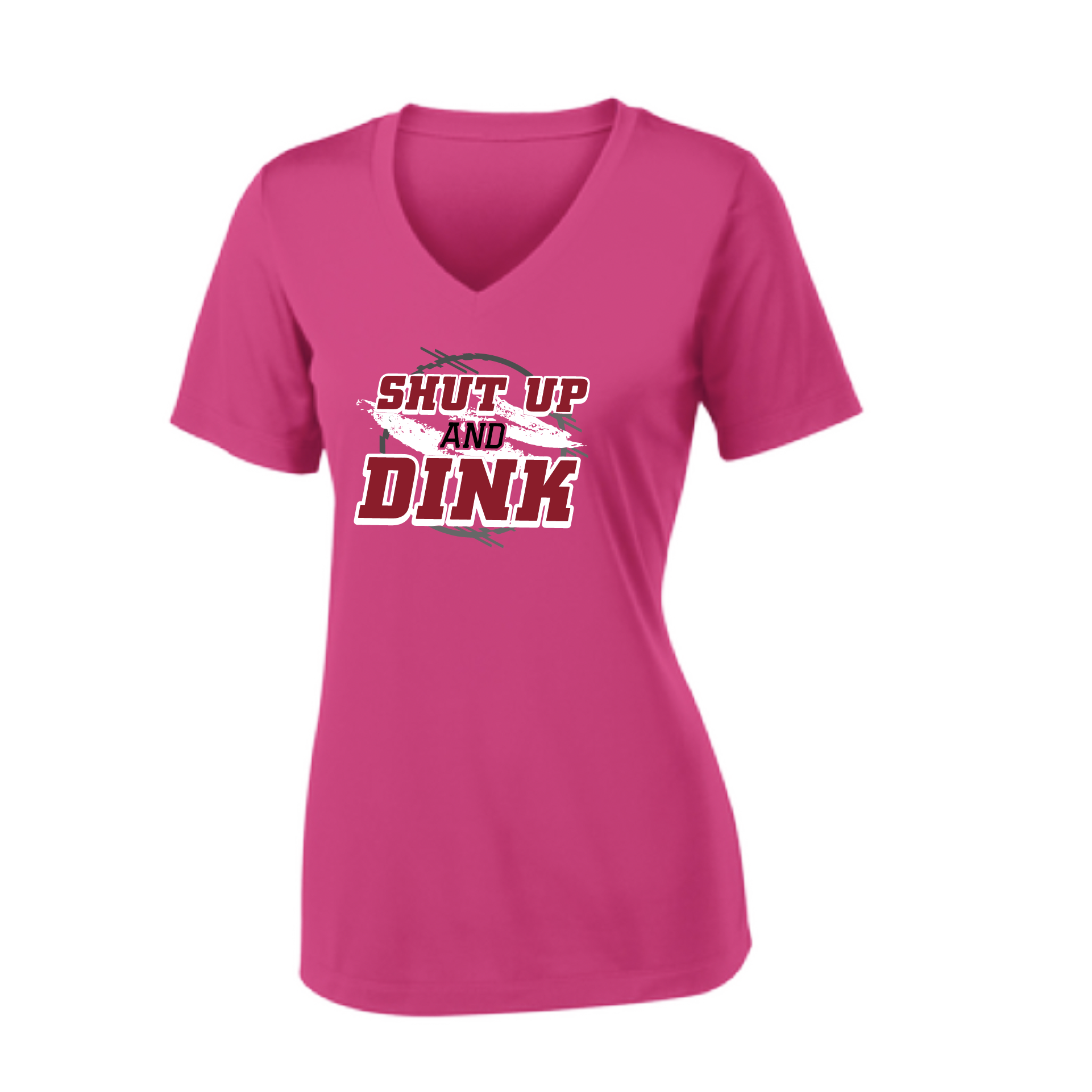 Pickleball Design: Shut up and Dink  Women's Styles: Short-Sleeve V-Neck  Turn up the volume in this Women's shirt with its perfect mix of softness and attitude. Material is ultra-comfortable with moisture wicking properties and tri-blend softness. PosiCharge technology locks in color. Highly breathable and lightweight.