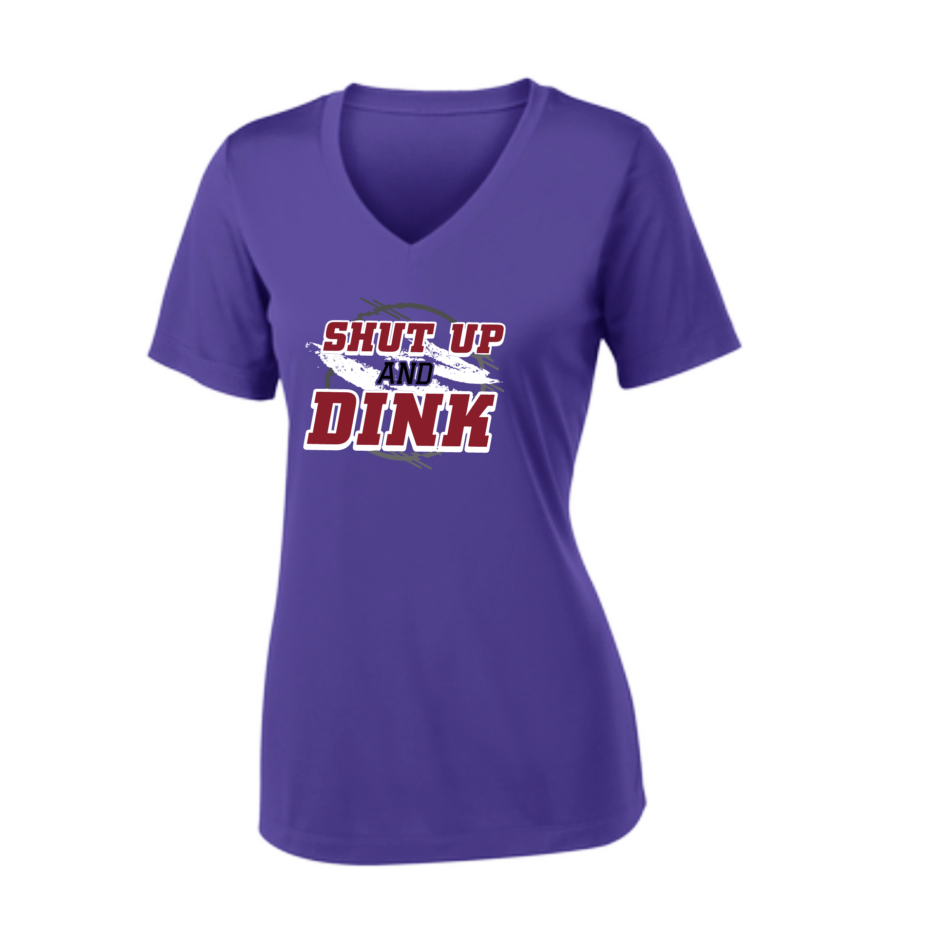 Pickleball Design: Shut up and Dink  Women's Styles: Short-Sleeve V-Neck  Turn up the volume in this Women's shirt with its perfect mix of softness and attitude. Material is ultra-comfortable with moisture wicking properties and tri-blend softness. PosiCharge technology locks in color. Highly breathable and lightweight.