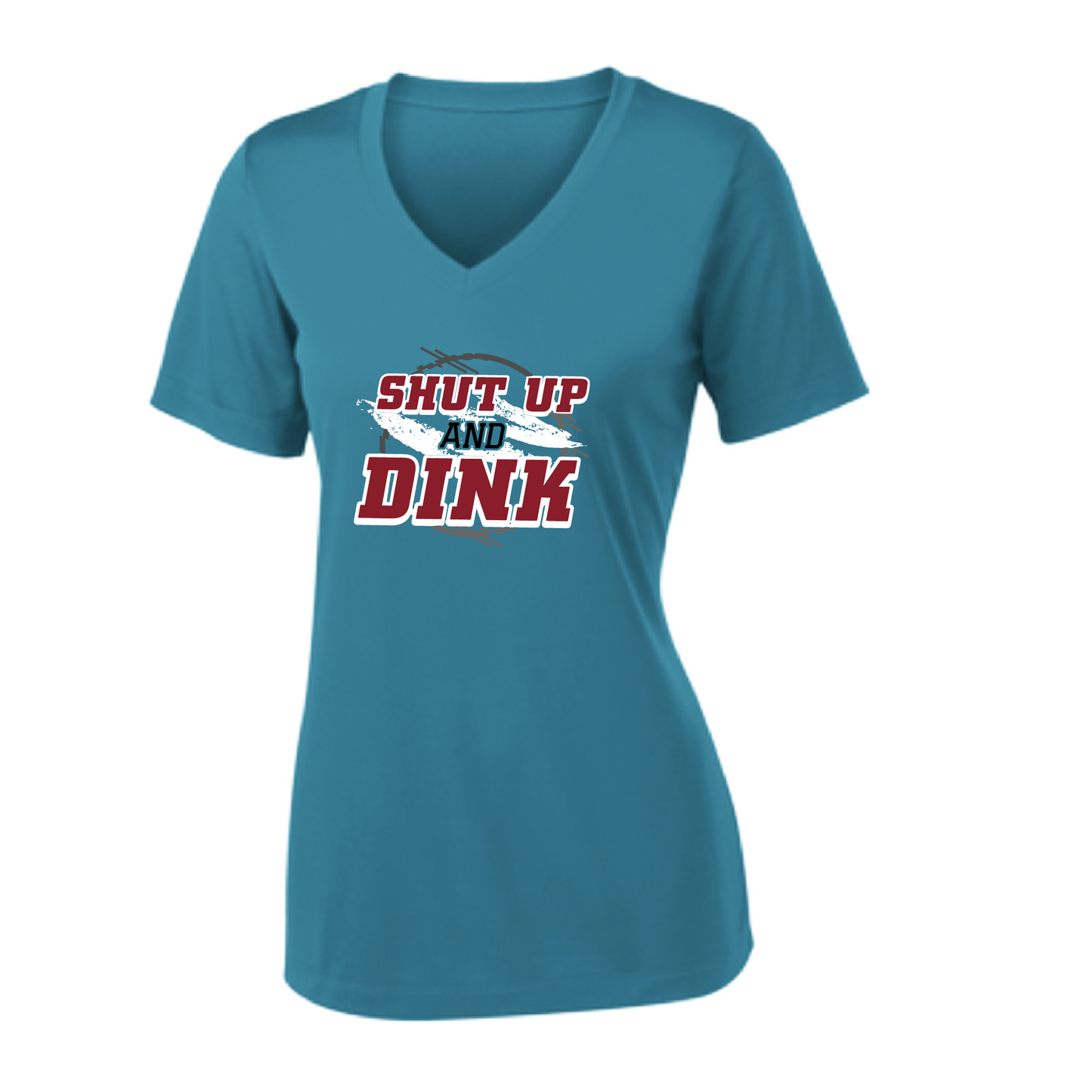 Pickleball Design: Shut up and Dink  Women's Styles: Short-Sleeve V-Neck  Turn up the volume in this Women's shirt with its perfect mix of softness and attitude. Material is ultra-comfortable with moisture wicking properties and tri-blend softness. PosiCharge technology locks in color. Highly breathable and lightweight.