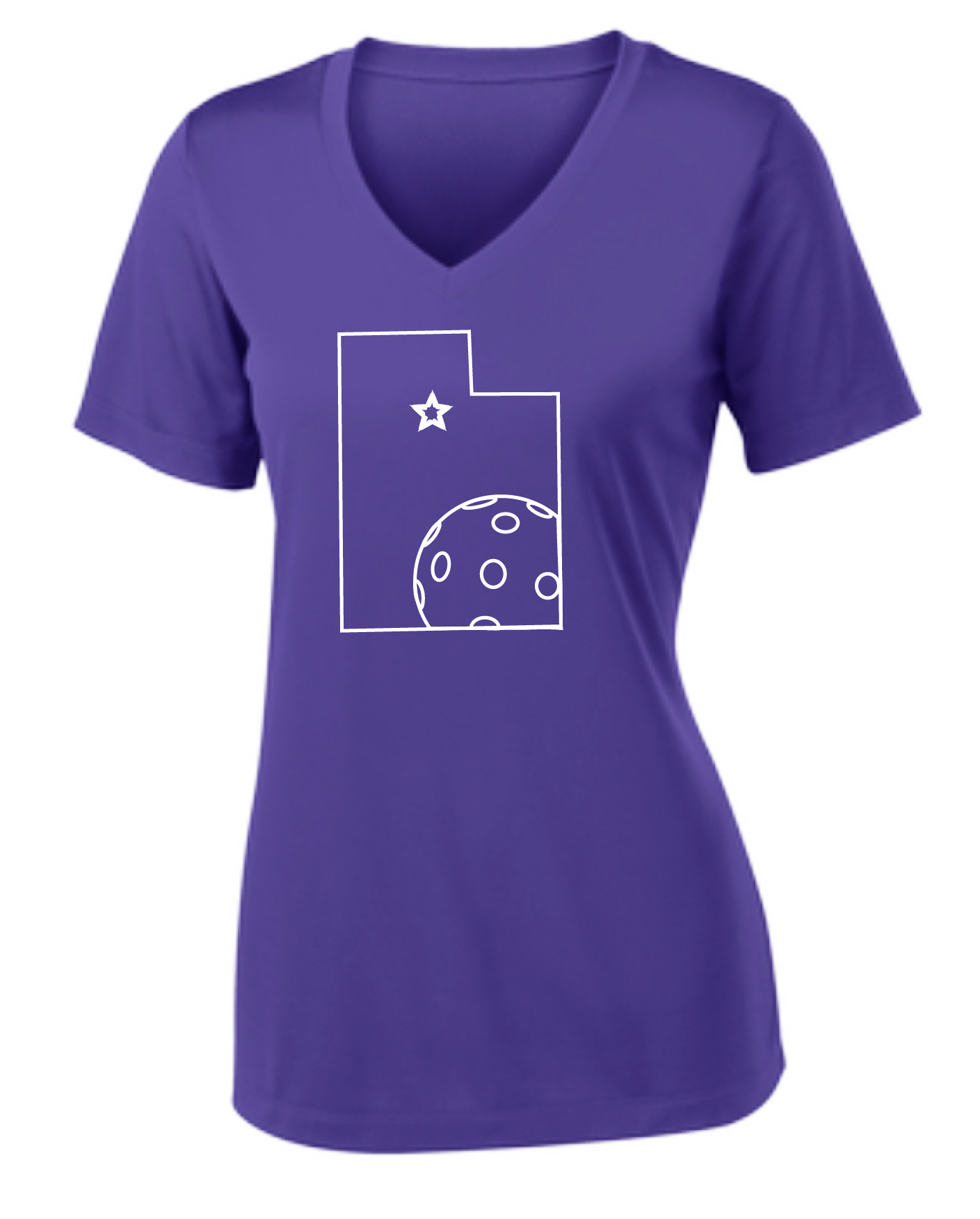 Pickleball Design: Utah Pickleball.   Women's Styles: Short-Sleeve V-Neck  Turn up the volume in this Women's shirt with its perfect mix of softness and attitude. Material is ultra-comfortable with moisture wicking properties and tri-blend softness. PosiCharge technology locks in color. Highly breathable and lightweight.