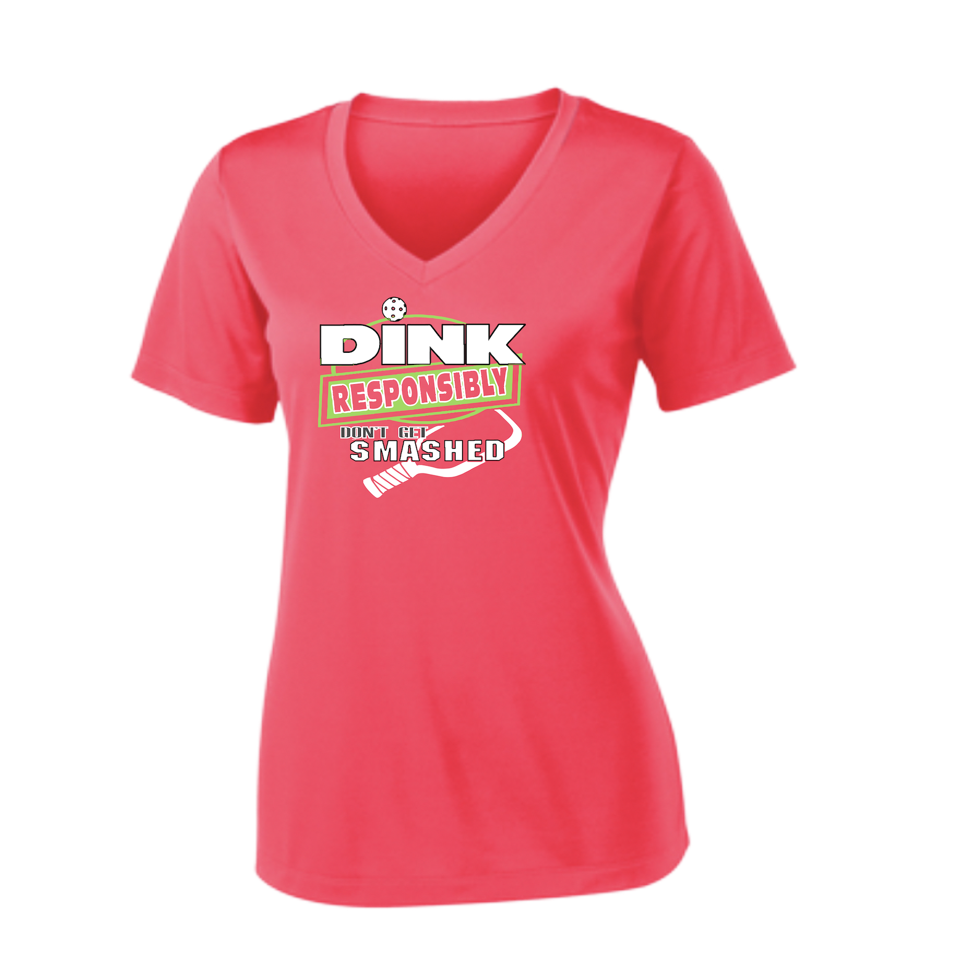 Pickleball Design: Dink Responsibly - Don't Get Smashed  Women's Style:  Short Sleeve V-Neck  Turn up the volume in this Women's shirt with its perfect mix of softness and attitude. Material is ultra-comfortable with moisture wicking properties and tri-blend softness. PosiCharge technology locks in color. Highly breathable and lightweight.