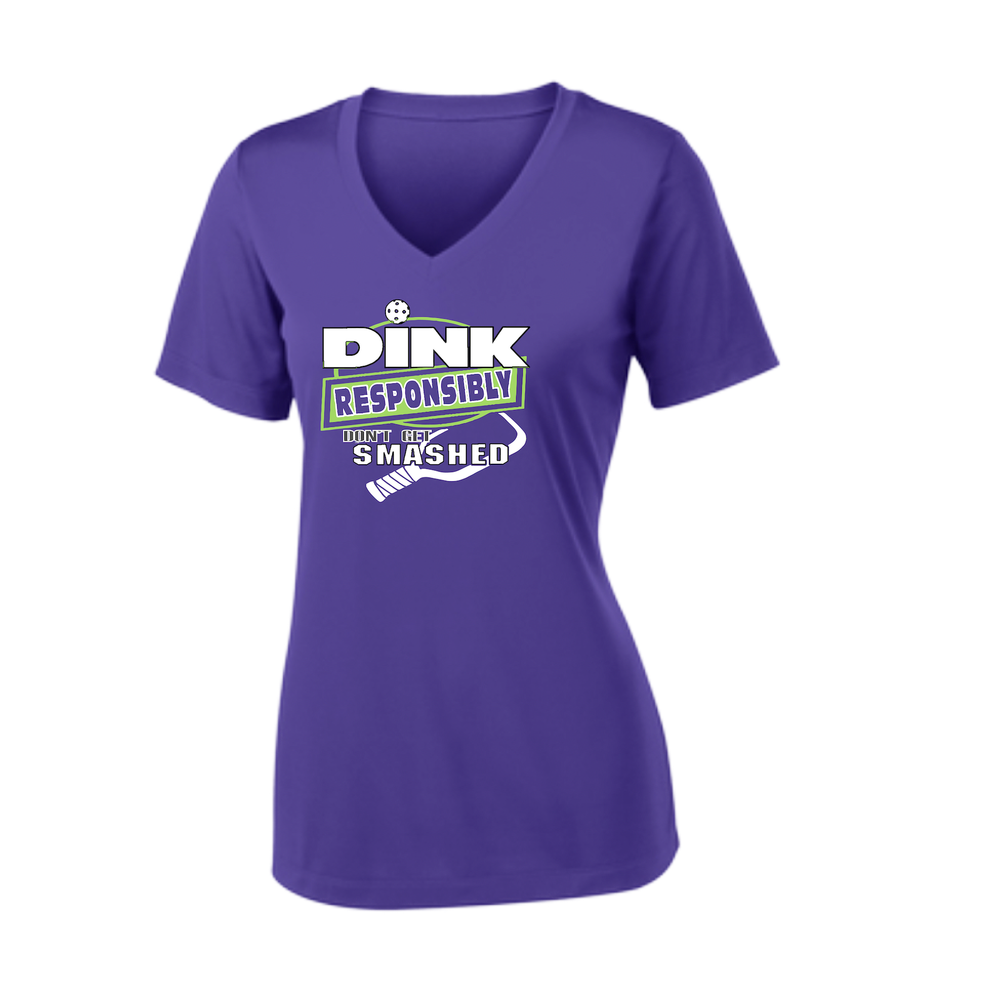 Pickleball Design: Dink Responsibly - Don't Get Smashed  Women's Style:  Short Sleeve V-Neck  Turn up the volume in this Women's shirt with its perfect mix of softness and attitude. Material is ultra-comfortable with moisture wicking properties and tri-blend softness. PosiCharge technology locks in color. Highly breathable and lightweight.