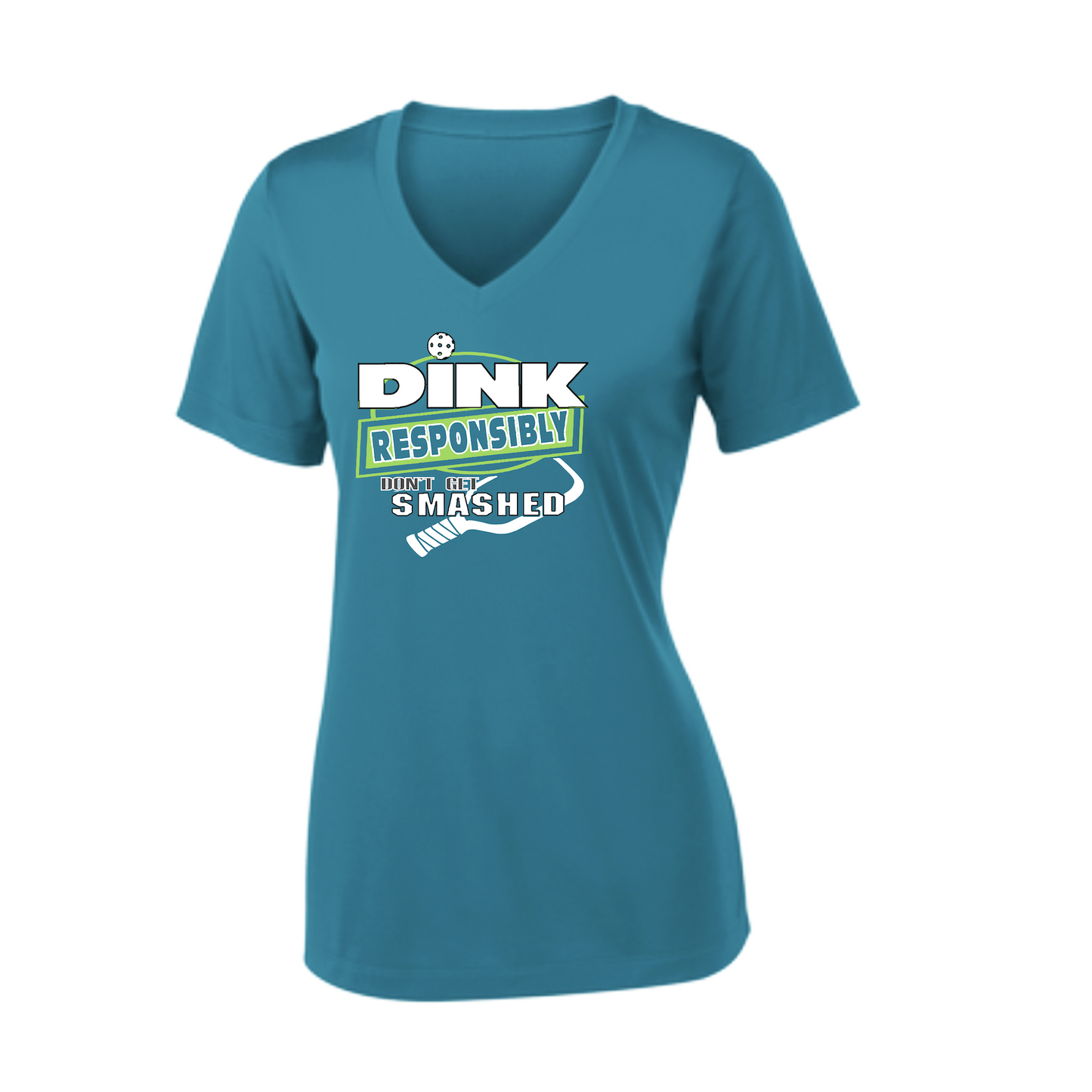 Pickleball Design: Dink Responsibly - Don't Get Smashed  Women's Style:  Short Sleeve V-Neck  Turn up the volume in this Women's shirt with its perfect mix of softness and attitude. Material is ultra-comfortable with moisture wicking properties and tri-blend softness. PosiCharge technology locks in color. Highly breathable and lightweight.