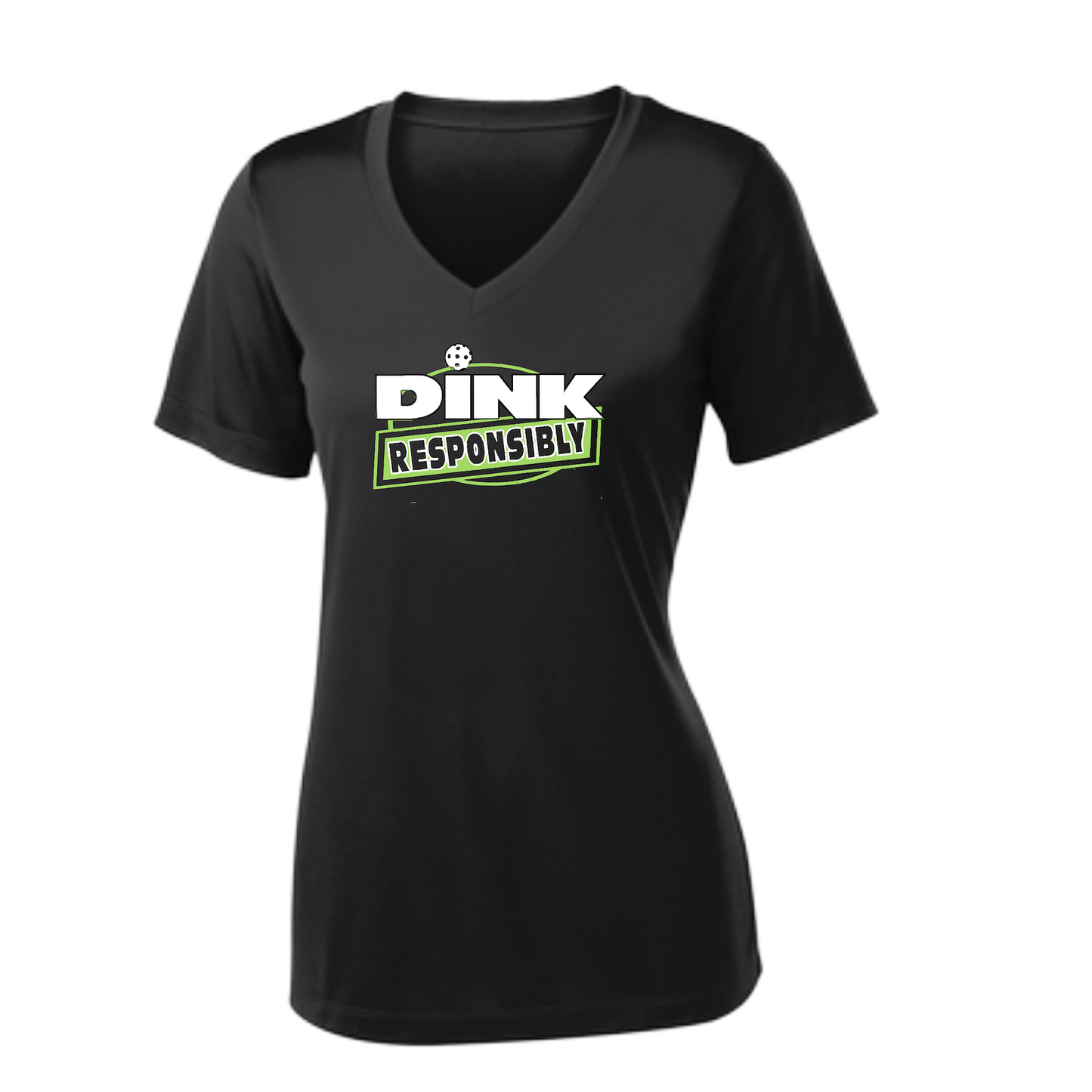 Pickleball Design: Dink Responsibly  Women's Style:  Short Sleeve V-Neck  Turn up the volume in this Women's shirt with its perfect mix of softness and attitude. Material is ultra-comfortable with moisture wicking properties and tri-blend softness. PosiCharge technology locks in color. Highly breathable and lightweight.