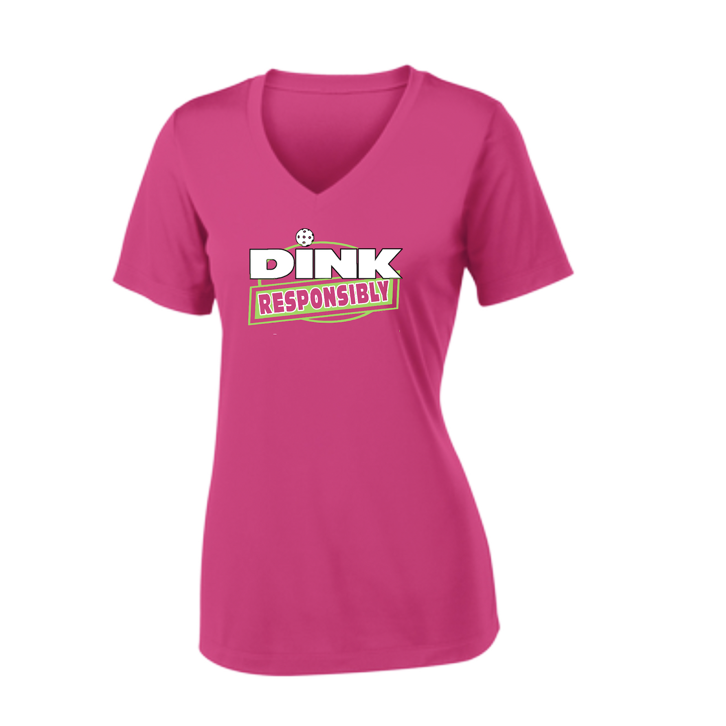 Pickleball Design: Dink Responsibly  Women's Style:  Short Sleeve V-Neck  Turn up the volume in this Women's shirt with its perfect mix of softness and attitude. Material is ultra-comfortable with moisture wicking properties and tri-blend softness. PosiCharge technology locks in color. Highly breathable and lightweight.