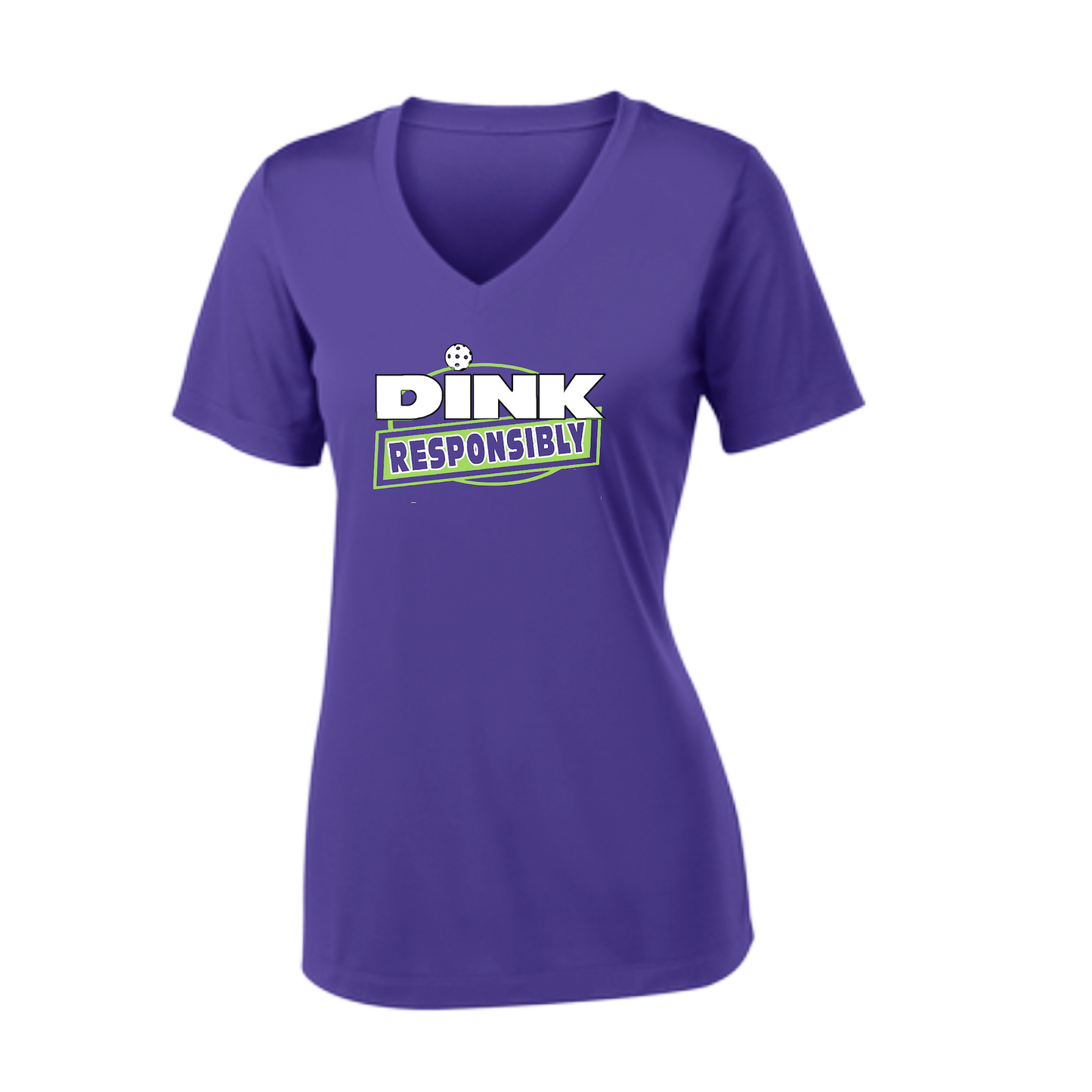 Pickleball Design: Dink Responsibly  Women's Style:  Short Sleeve V-Neck  Turn up the volume in this Women's shirt with its perfect mix of softness and attitude. Material is ultra-comfortable with moisture wicking properties and tri-blend softness. PosiCharge technology locks in color. Highly breathable and lightweight.