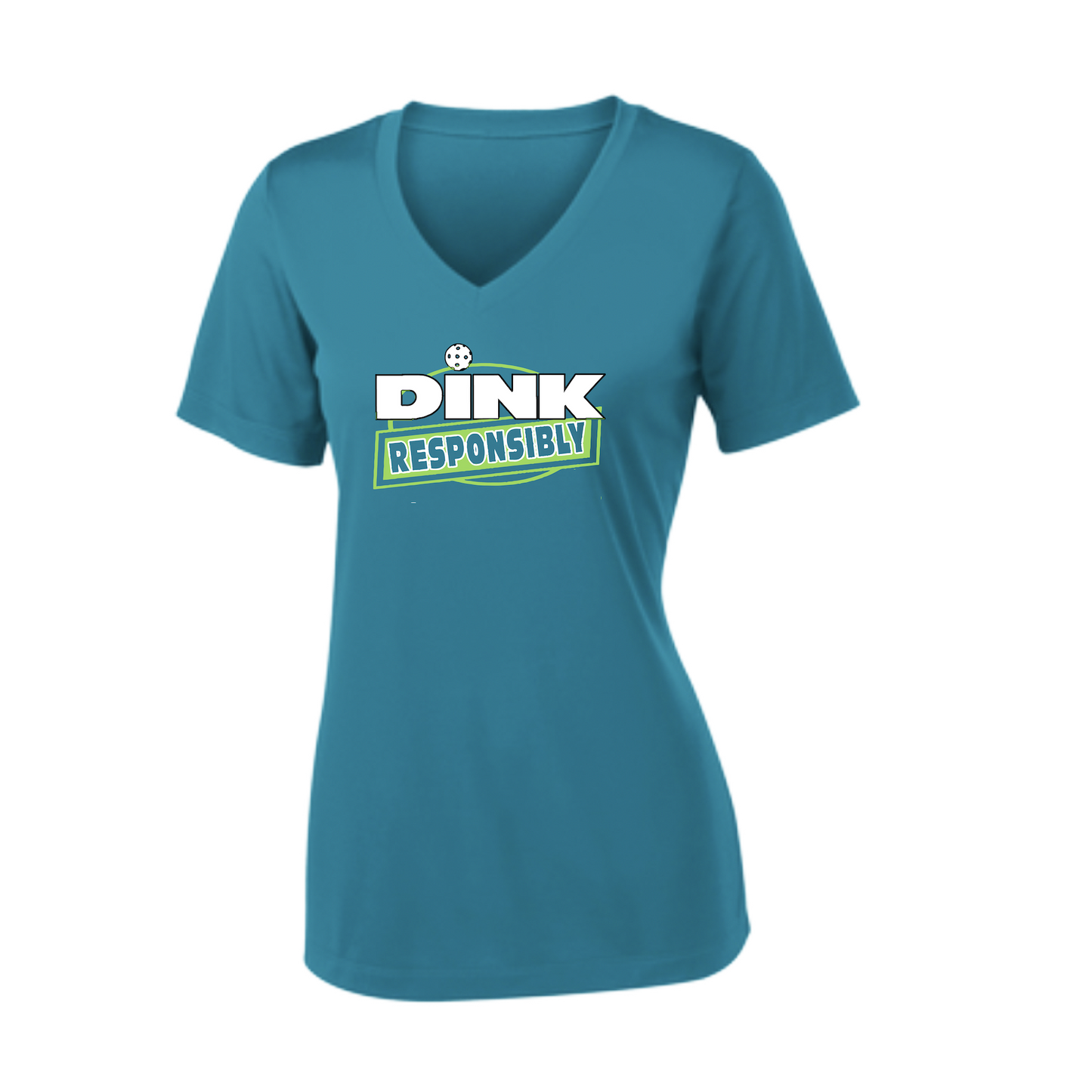 Pickleball Design: Dink Responsibly  Women's Style:  Short Sleeve V-Neck  Turn up the volume in this Women's shirt with its perfect mix of softness and attitude. Material is ultra-comfortable with moisture wicking properties and tri-blend softness. PosiCharge technology locks in color. Highly breathable and lightweight.