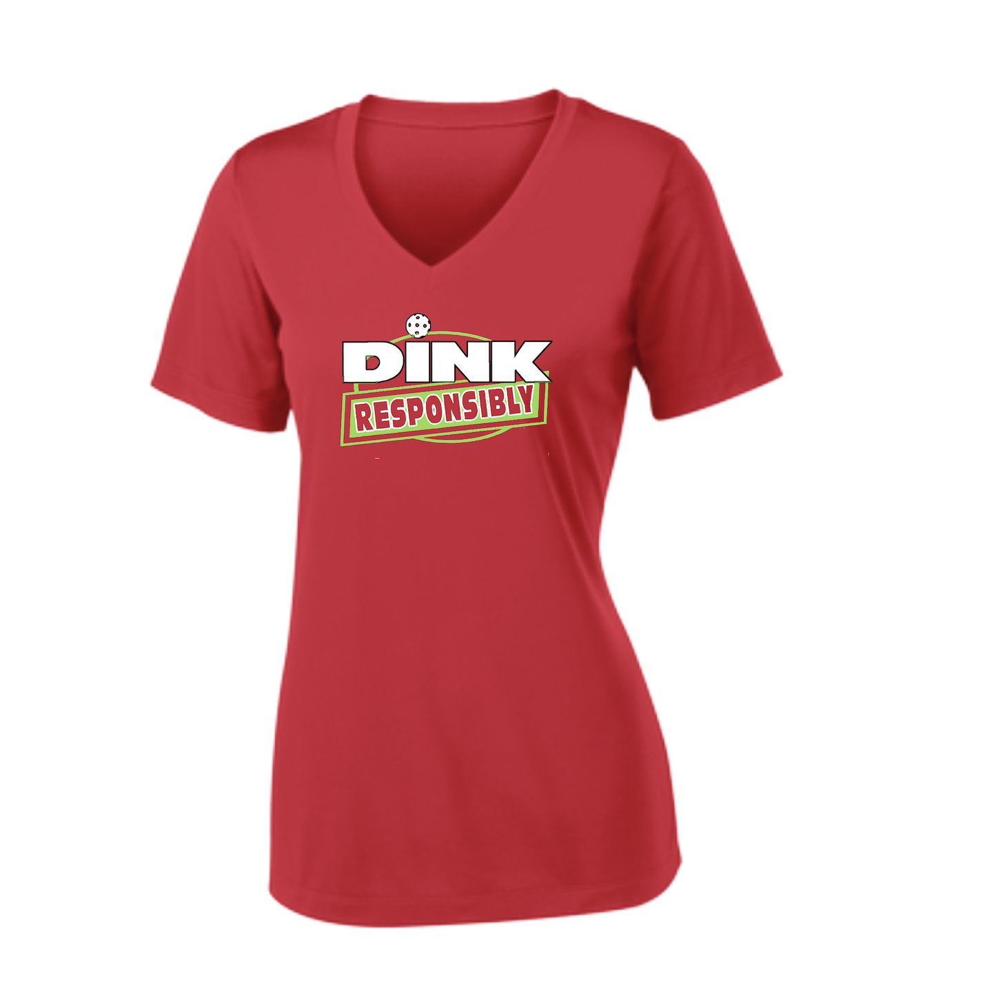 Pickleball Design: Dink Responsibly  Women's Style:  Short Sleeve V-Neck  Turn up the volume in this Women's shirt with its perfect mix of softness and attitude. Material is ultra-comfortable with moisture wicking properties and tri-blend softness. PosiCharge technology locks in color. Highly breathable and lightweight.