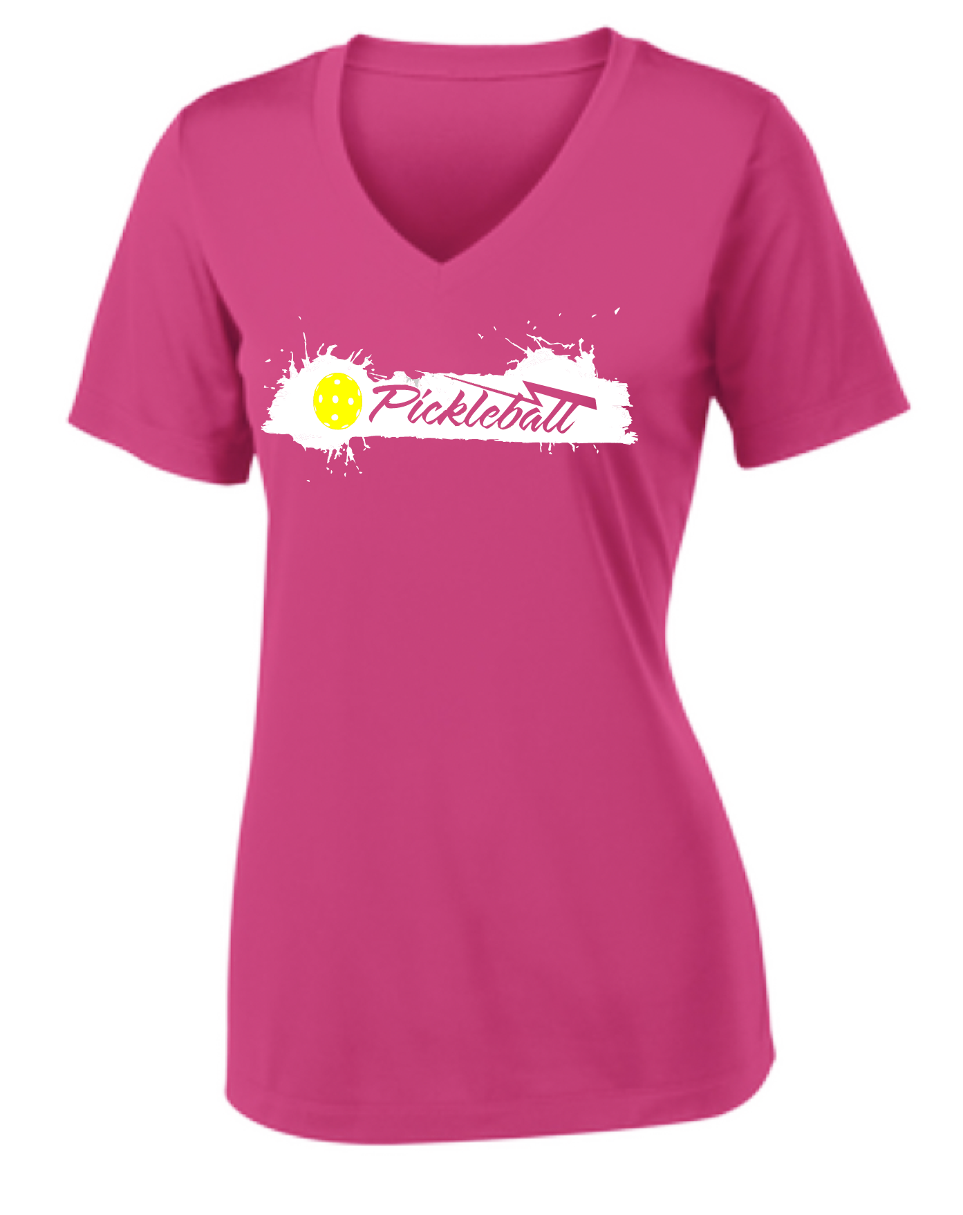 Pickleball Design: Extreme  Women's Style: Short Sleeve V-Neck  Turn up the volume in this Women's shirt with its perfect mix of softness and attitude. Material is ultra-comfortable with moisture wicking properties and tri-blend softness. PosiCharge technology locks in color. Highly breathable and lightweight. 