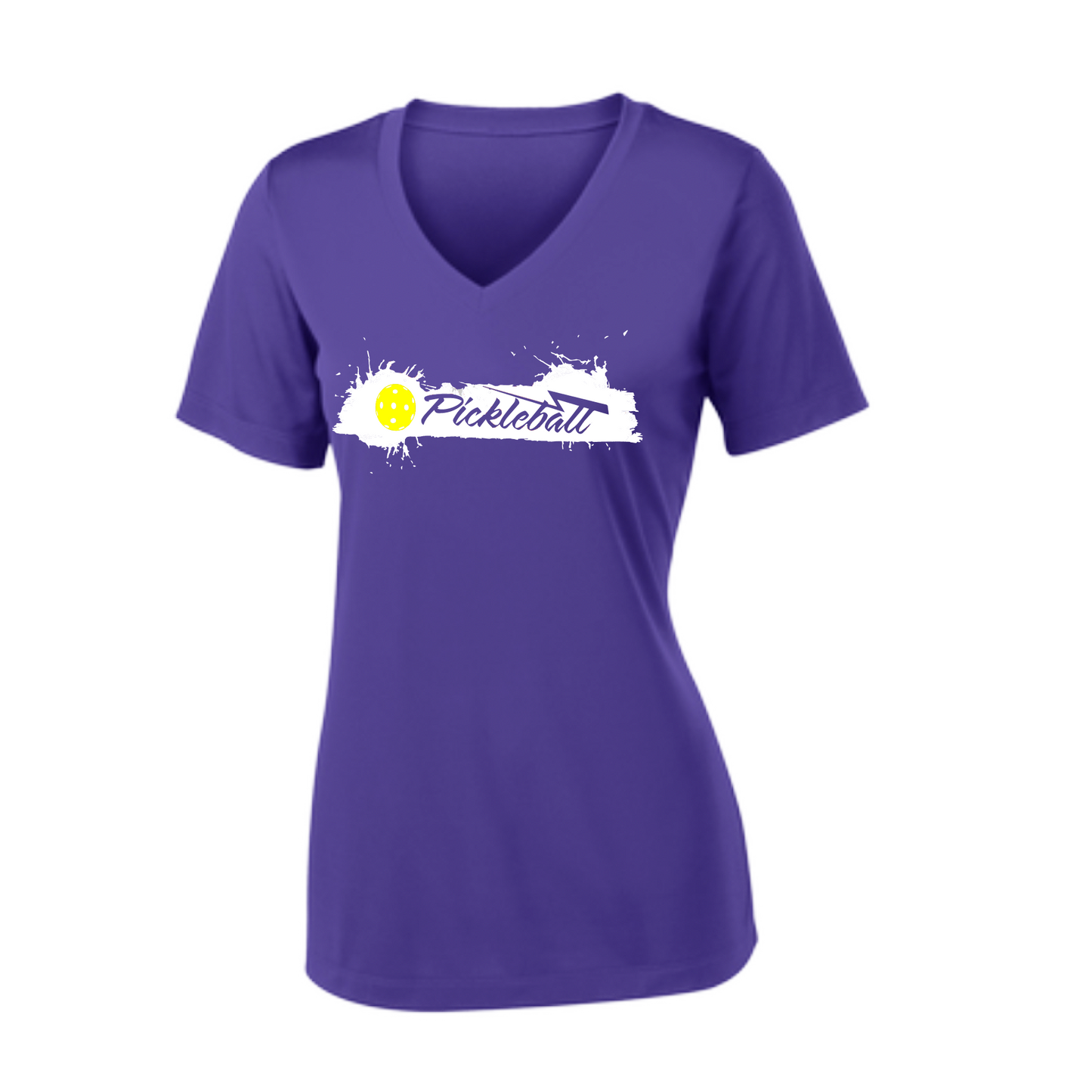 Pickleball Design: Extreme  Women's Style: Short Sleeve V-Neck  Turn up the volume in this Women's shirt with its perfect mix of softness and attitude. Material is ultra-comfortable with moisture wicking properties and tri-blend softness. PosiCharge technology locks in color. Highly breathable and lightweight. 