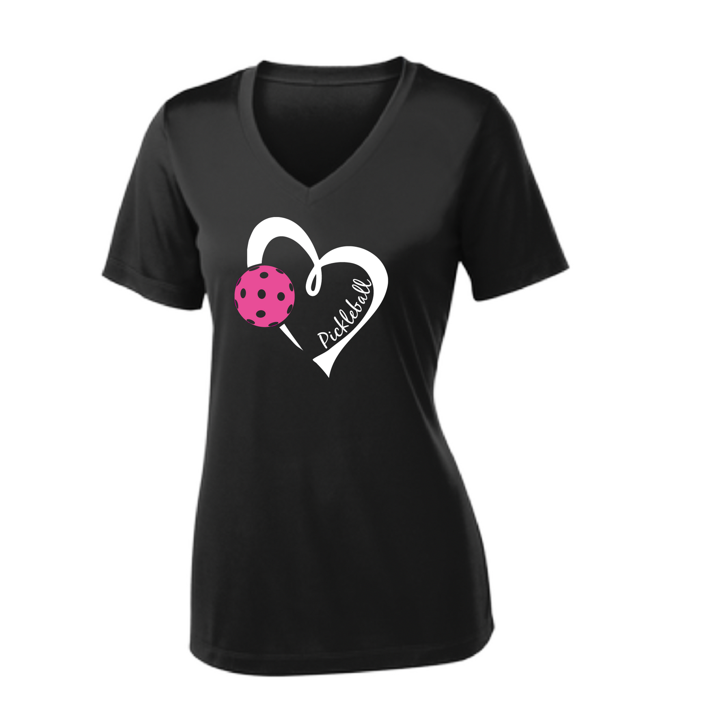 Pickleball Design: Heart with Pickleball  Women's Style: Short Sleeve V-Neck  Turn up the volume in this Women's shirt with its perfect mix of softness and attitude. Material is ultra-comfortable with moisture wicking properties and tri-blend softness. PosiCharge technology locks in color. Highly breathable and lightweight.