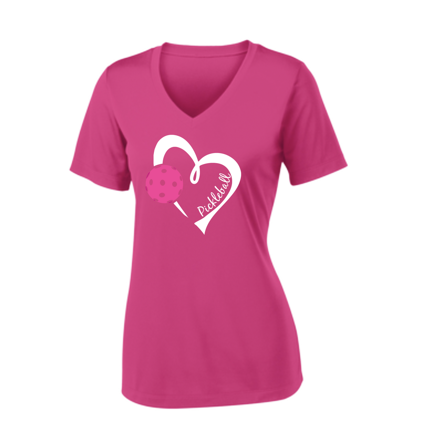 Pickleball Design: Heart with Pickleball  Women's Style: Short Sleeve V-Neck  Turn up the volume in this Women's shirt with its perfect mix of softness and attitude. Material is ultra-comfortable with moisture wicking properties and tri-blend softness. PosiCharge technology locks in color. Highly breathable and lightweight.