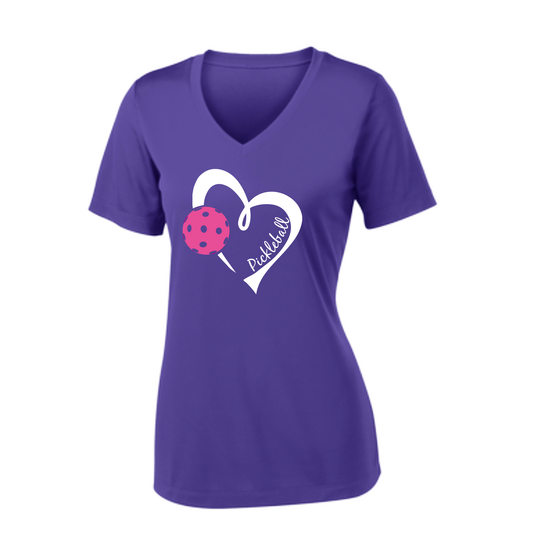 Pickleball Design: Heart with Pickleball  Women's Style: Short Sleeve V-Neck  Turn up the volume in this Women's shirt with its perfect mix of softness and attitude. Material is ultra-comfortable with moisture wicking properties and tri-blend softness. PosiCharge technology locks in color. Highly breathable and lightweight.