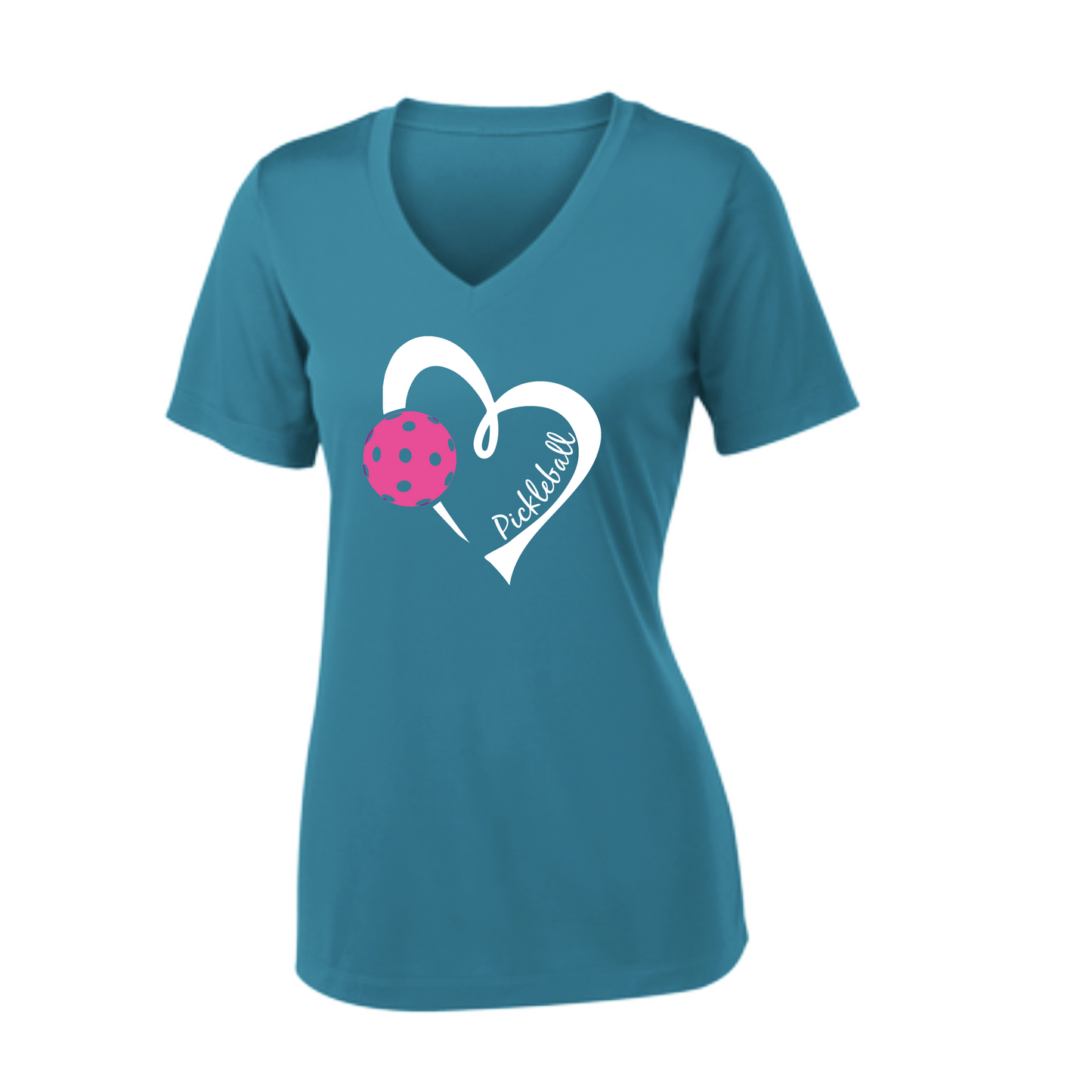 Pickleball Design: Heart with Pickleball  Women's Style: Short Sleeve V-Neck  Turn up the volume in this Women's shirt with its perfect mix of softness and attitude. Material is ultra-comfortable with moisture wicking properties and tri-blend softness. PosiCharge technology locks in color. Highly breathable and lightweight.