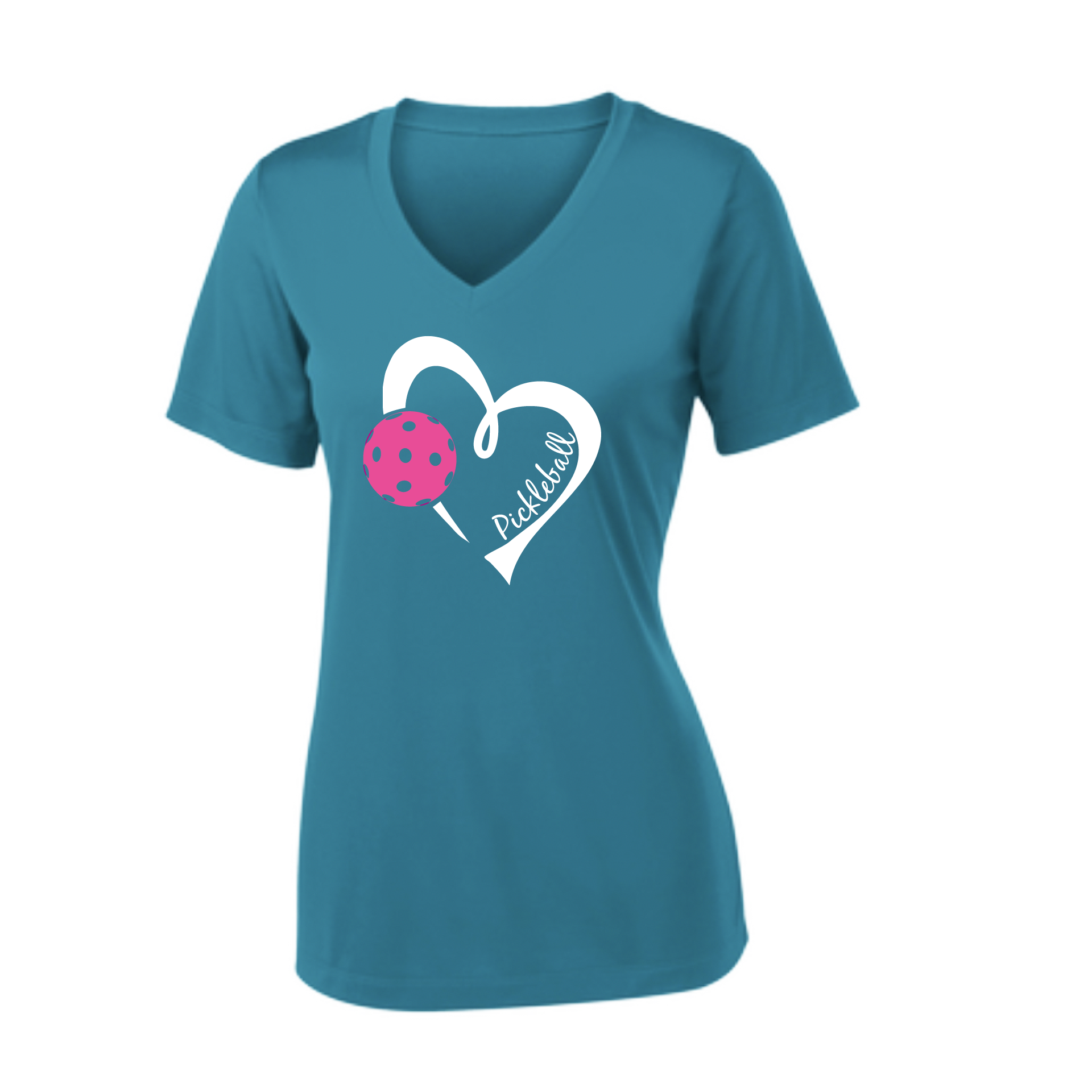 Pickleball Design: Heart with Pickleball  Women's Style: Short Sleeve V-Neck  Turn up the volume in this Women's shirt with its perfect mix of softness and attitude. Material is ultra-comfortable with moisture wicking properties and tri-blend softness. PosiCharge technology locks in color. Highly breathable and lightweight.