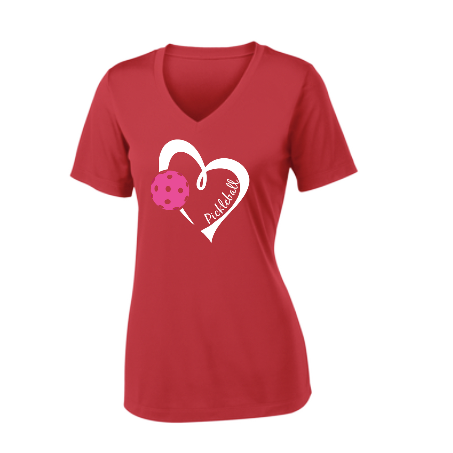 Pickleball Design: Heart with Pickleball  Women's Style: Short Sleeve V-Neck  Turn up the volume in this Women's shirt with its perfect mix of softness and attitude. Material is ultra-comfortable with moisture wicking properties and tri-blend softness. PosiCharge technology locks in color. Highly breathable and lightweight.