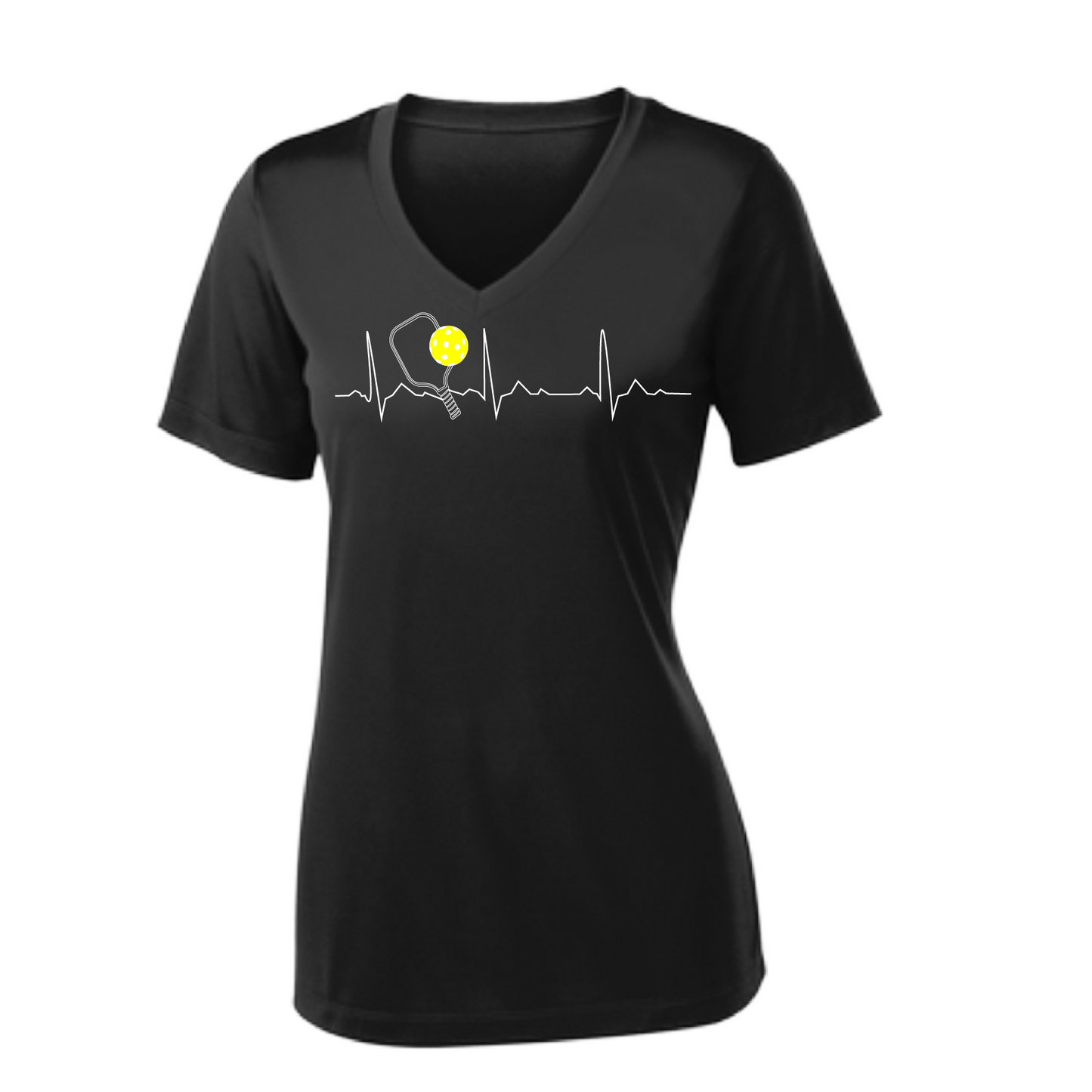 Pickleball Design: Heartbeat  Women's Style: Short Sleeve V-Neck  Turn up the volume in this Women's shirt with its perfect mix of softness and attitude. Material is ultra-comfortable with moisture wicking properties and tri-blend softness. PosiCharge technology locks in color. Highly breathable and lightweight.