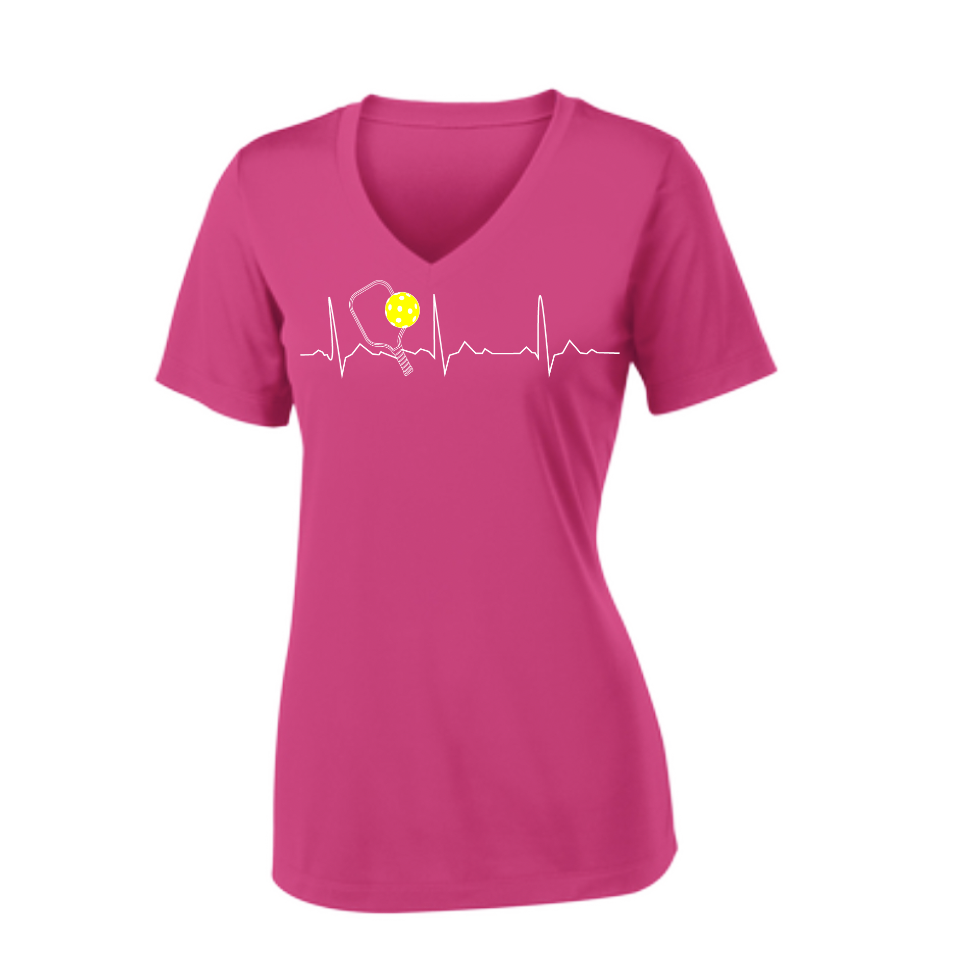 Pickleball Design: Heartbeat  Women's Style: Short Sleeve V-Neck  Turn up the volume in this Women's shirt with its perfect mix of softness and attitude. Material is ultra-comfortable with moisture wicking properties and tri-blend softness. PosiCharge technology locks in color. Highly breathable and lightweight.