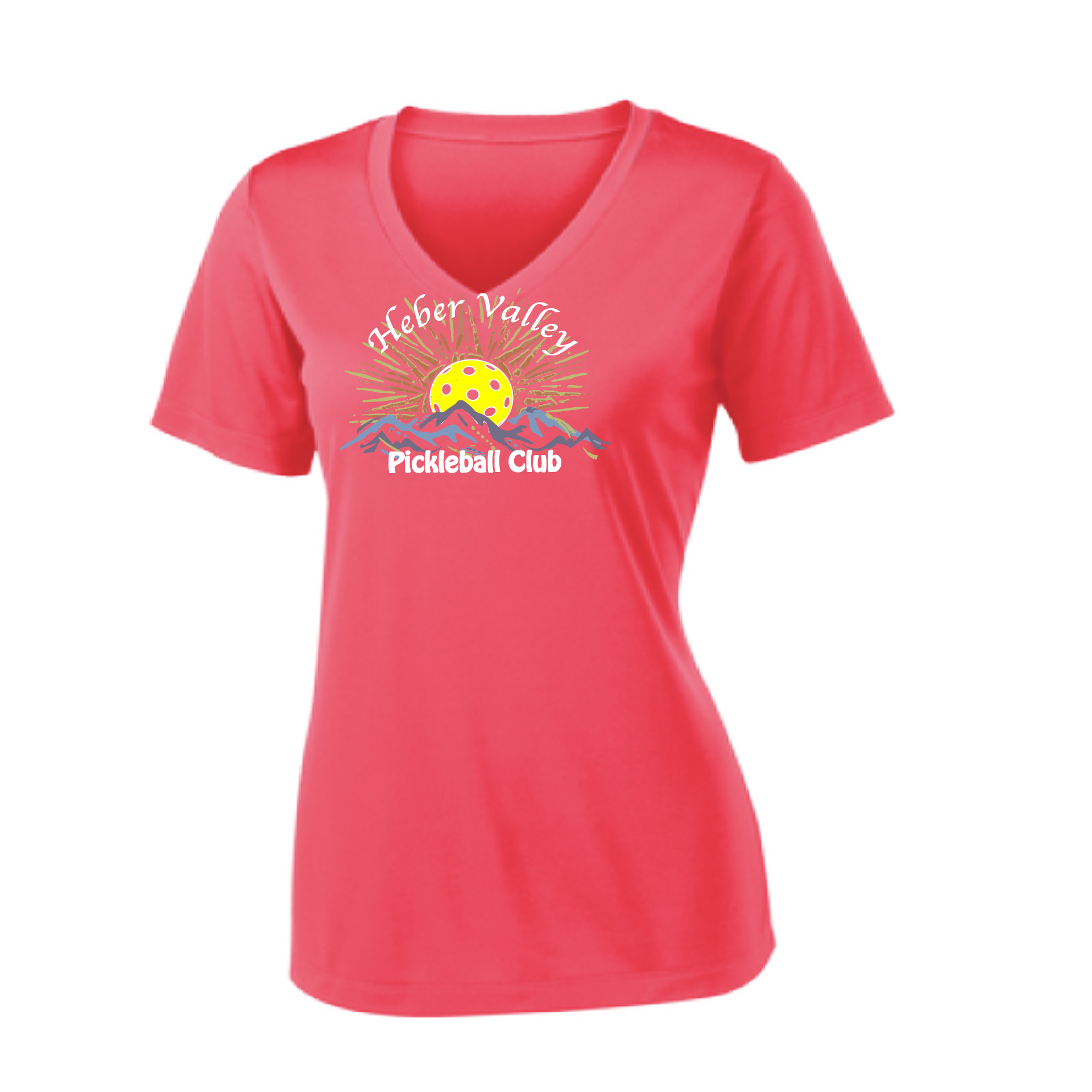 Pickleball Shirt Design: Heber Valley Pickleball Club  Women's Style: Short Sleeve V-Neck  Turn up the volume in this Women's shirt with its perfect mix of softness and attitude. Material is ultra-comfortable with moisture wicking properties and tri-blend softness. PosiCharge technology locks in color. Highly breathable and lightweight.