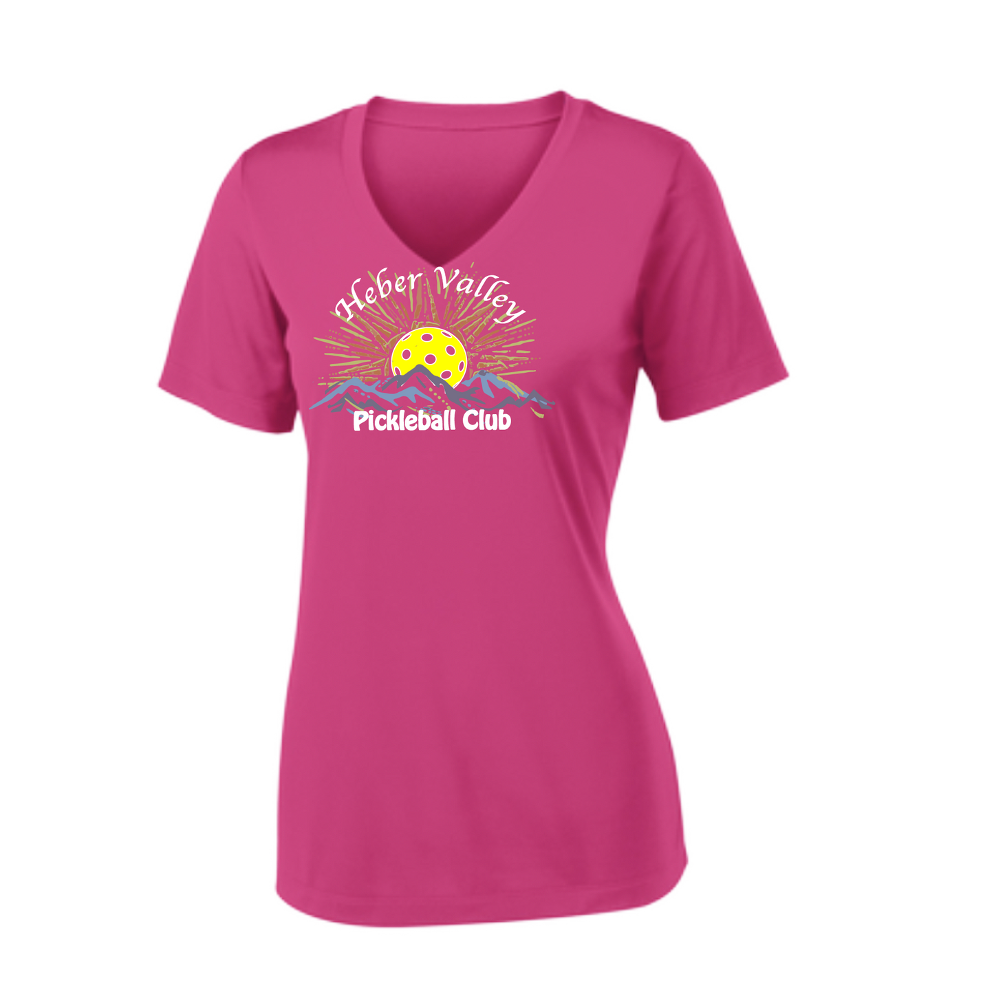 Pickleball Shirt Design: Heber Valley Pickleball Club  Women's Style: Short Sleeve V-Neck  Turn up the volume in this Women's shirt with its perfect mix of softness and attitude. Material is ultra-comfortable with moisture wicking properties and tri-blend softness. PosiCharge technology locks in color. Highly breathable and lightweight.