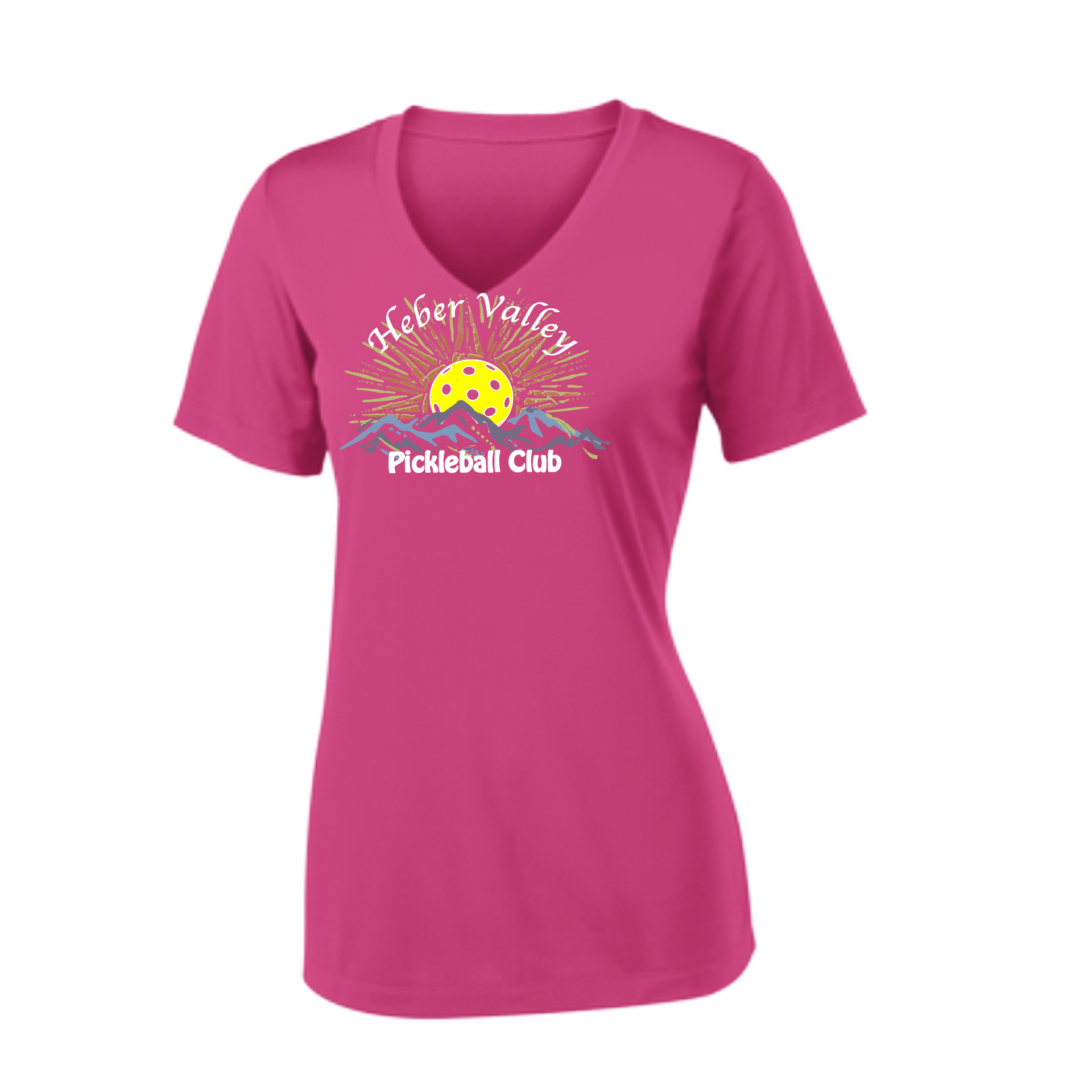 Pickleball Shirt Design: Heber Valley Pickleball Club  Women's Style: Short Sleeve V-Neck  Turn up the volume in this Women's shirt with its perfect mix of softness and attitude. Material is ultra-comfortable with moisture wicking properties and tri-blend softness. PosiCharge technology locks in color. Highly breathable and lightweight.