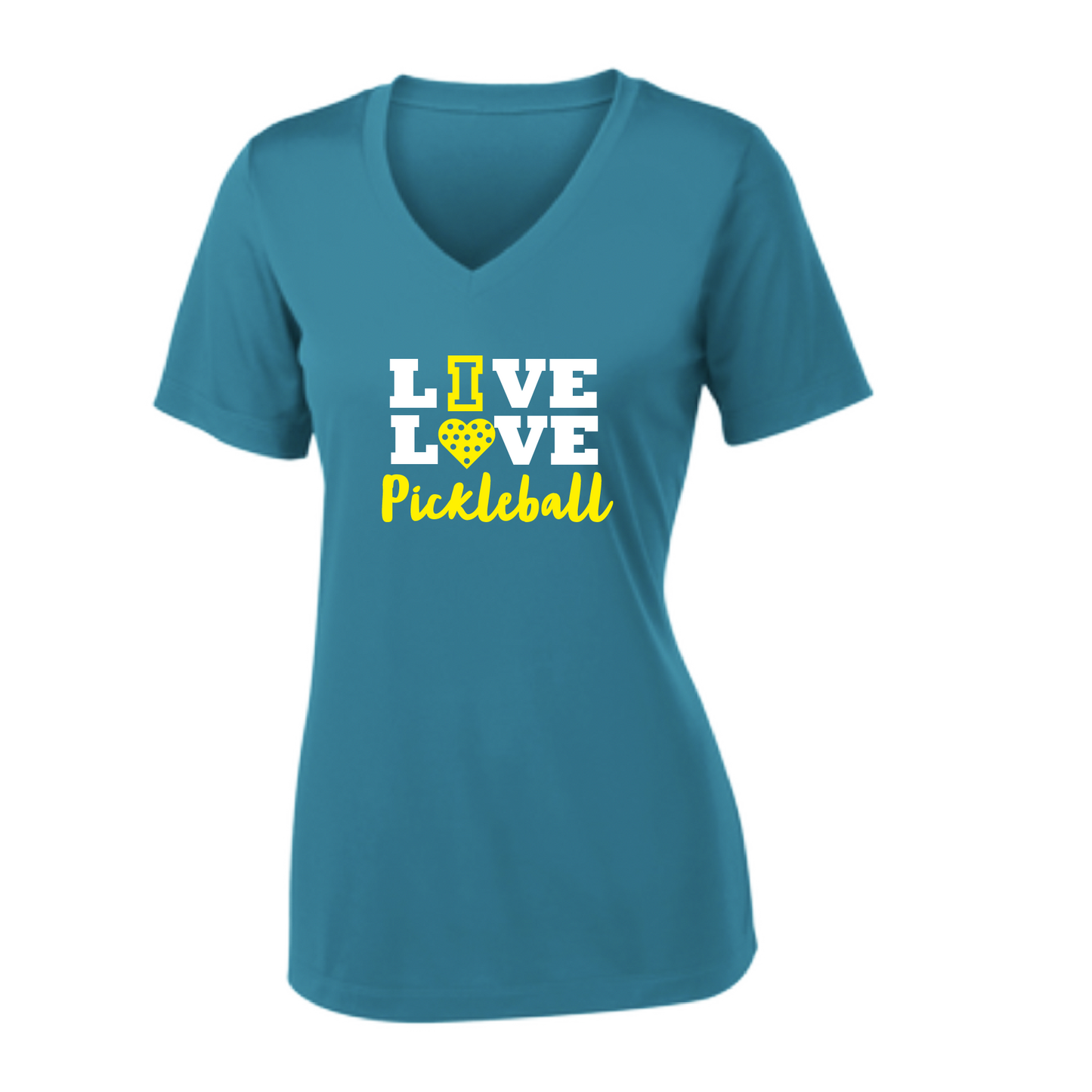 Pickleball Design: Live Love Pickleball  Women's Style: Short Sleeve V-Neck  Turn up the volume in this Women's shirt with its perfect mix of softness and attitude. Material is ultra-comfortable with moisture wicking properties and tri-blend softness. PosiCharge technology locks in color. Highly breathable and lightweight.