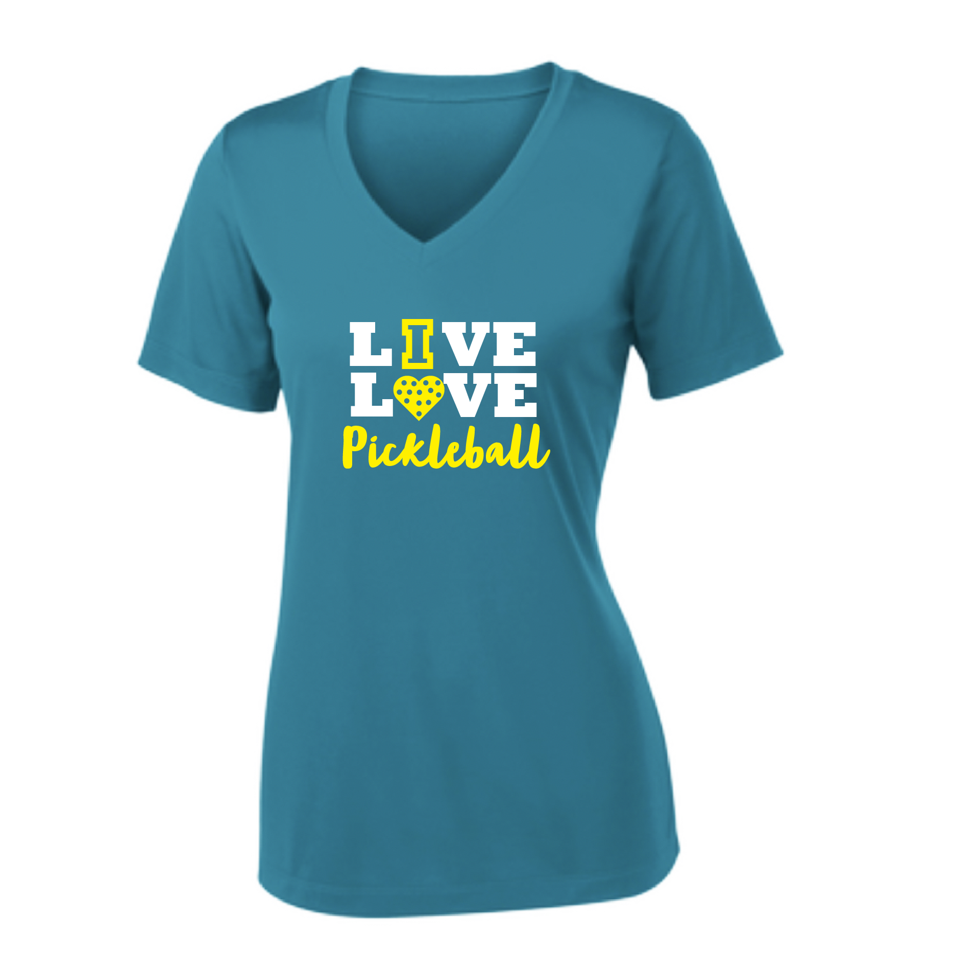 Pickleball Design: Live Love Pickleball  Women's Style: Short Sleeve V-Neck  Turn up the volume in this Women's shirt with its perfect mix of softness and attitude. Material is ultra-comfortable with moisture wicking properties and tri-blend softness. PosiCharge technology locks in color. Highly breathable and lightweight.