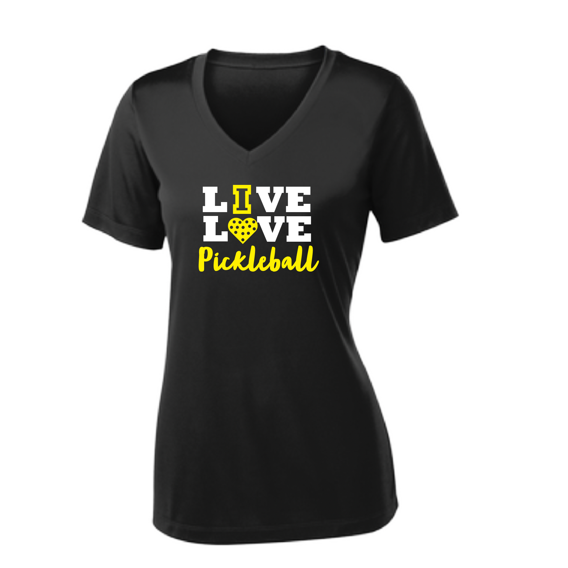 Pickleball Design: Live Love Pickleball  Women's Style: Short Sleeve V-Neck  Turn up the volume in this Women's shirt with its perfect mix of softness and attitude. Material is ultra-comfortable with moisture wicking properties and tri-blend softness. PosiCharge technology locks in color. Highly breathable and lightweight.