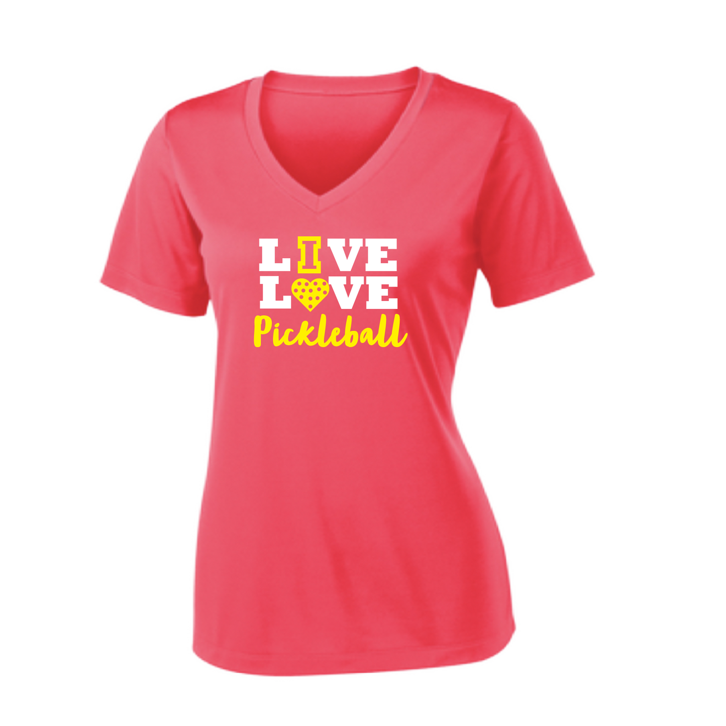 Pickleball Design: Live Love Pickleball  Women's Style: Short Sleeve V-Neck  Turn up the volume in this Women's shirt with its perfect mix of softness and attitude. Material is ultra-comfortable with moisture wicking properties and tri-blend softness. PosiCharge technology locks in color. Highly breathable and lightweight.