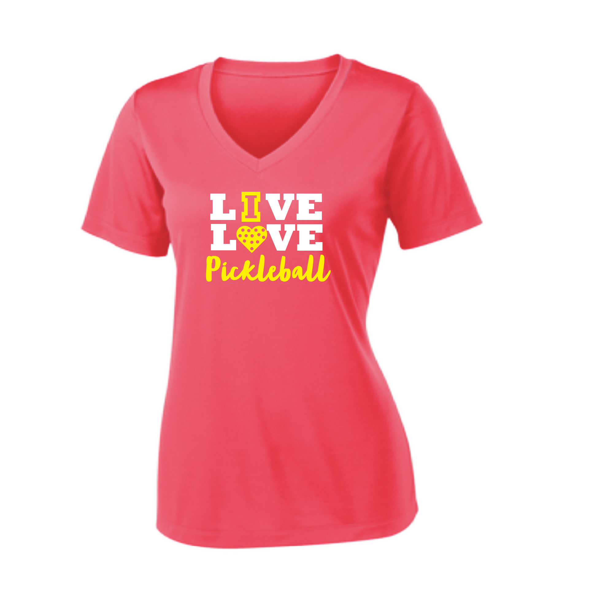 Pickleball Design: Live Love Pickleball  Women's Style: Short Sleeve V-Neck  Turn up the volume in this Women's shirt with its perfect mix of softness and attitude. Material is ultra-comfortable with moisture wicking properties and tri-blend softness. PosiCharge technology locks in color. Highly breathable and lightweight.