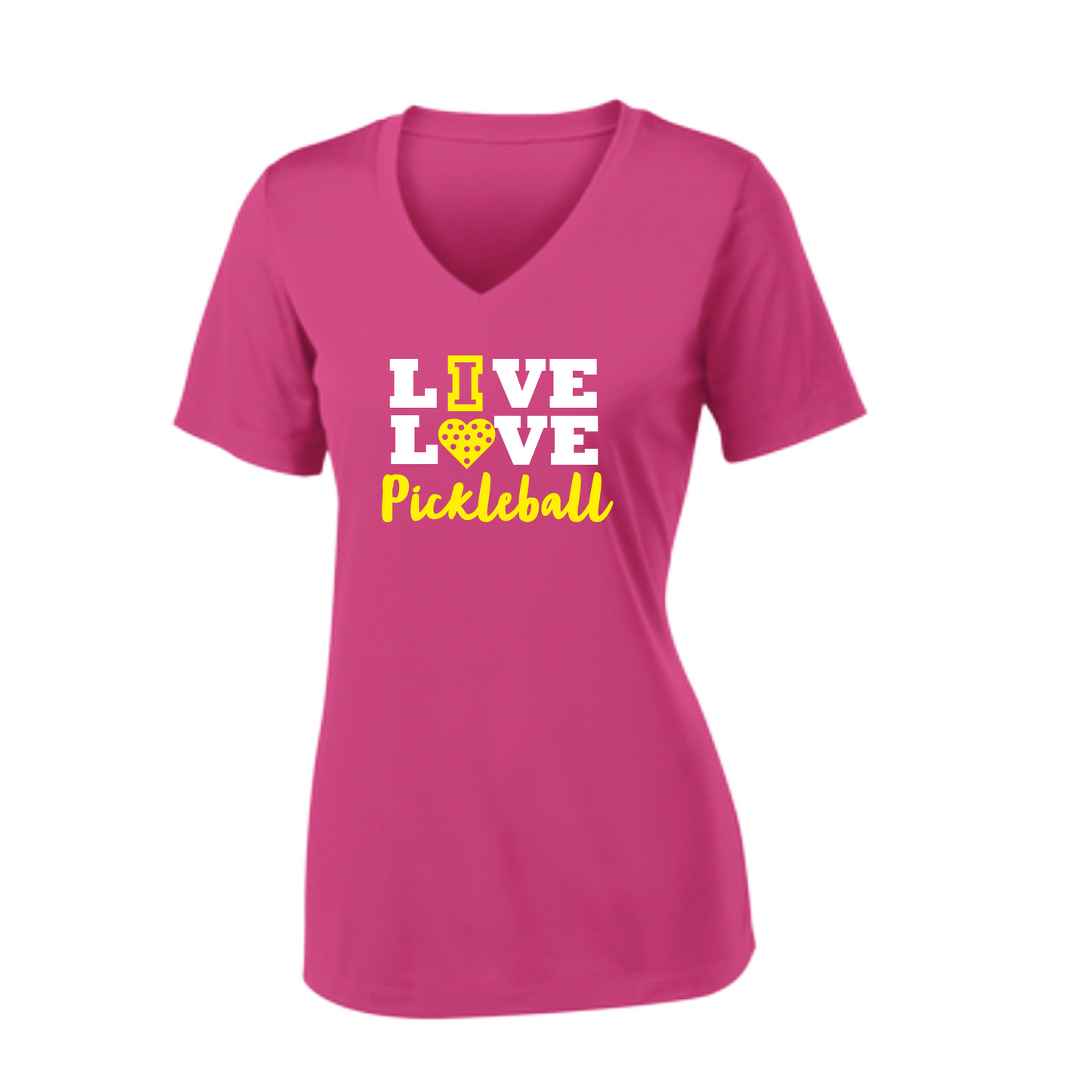 Pickleball Design: Live Love Pickleball  Women's Style: Short Sleeve V-Neck  Turn up the volume in this Women's shirt with its perfect mix of softness and attitude. Material is ultra-comfortable with moisture wicking properties and tri-blend softness. PosiCharge technology locks in color. Highly breathable and lightweight.