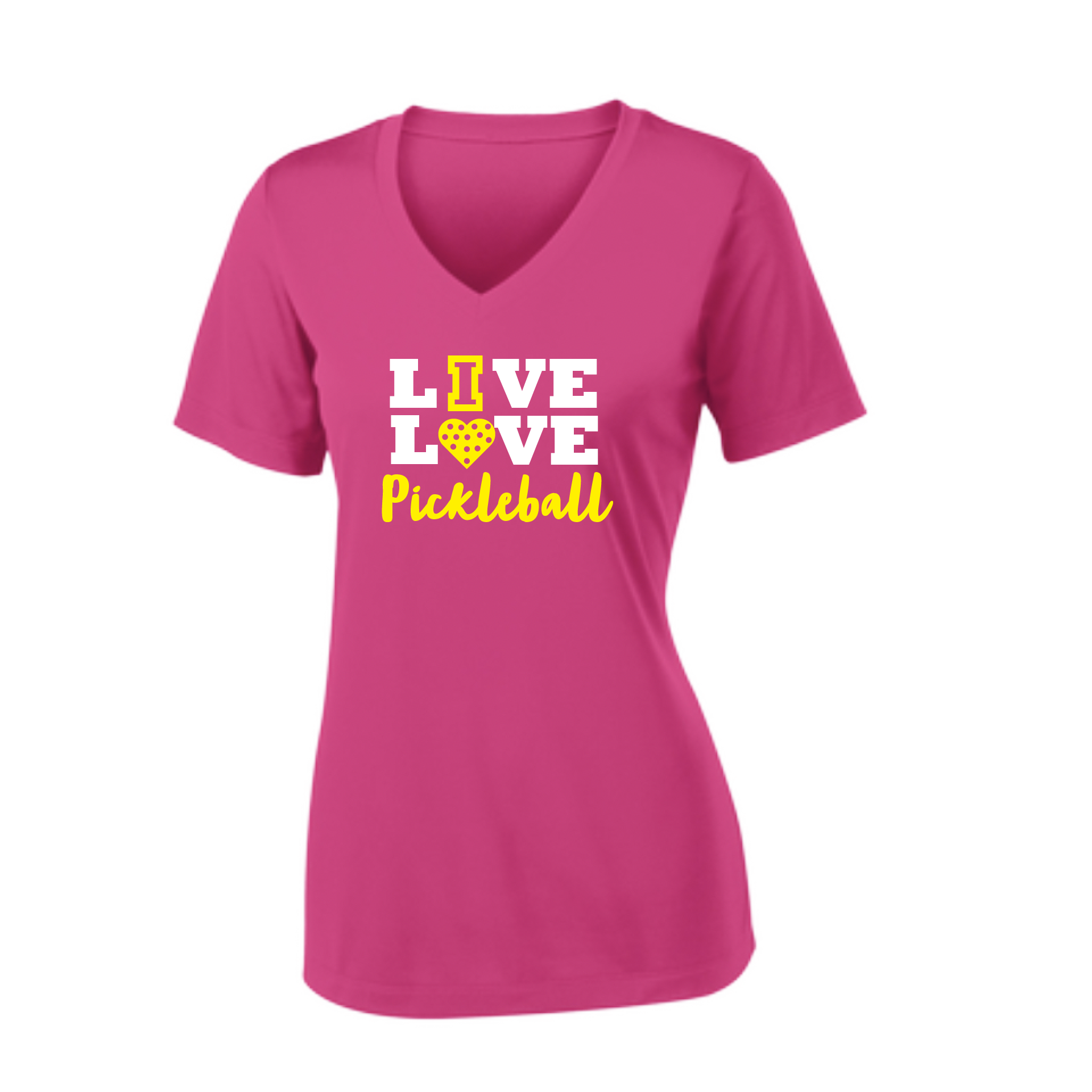 Pickleball Design: Live Love Pickleball  Women's Style: Short Sleeve V-Neck  Turn up the volume in this Women's shirt with its perfect mix of softness and attitude. Material is ultra-comfortable with moisture wicking properties and tri-blend softness. PosiCharge technology locks in color. Highly breathable and lightweight.