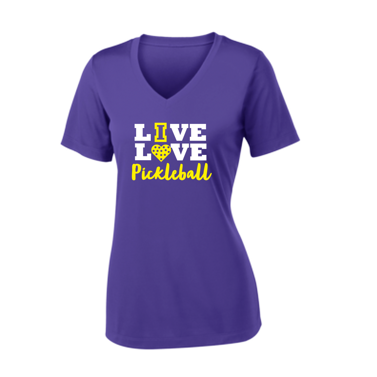 Pickleball Design: Live Love Pickleball  Women's Style: Short Sleeve V-Neck  Turn up the volume in this Women's shirt with its perfect mix of softness and attitude. Material is ultra-comfortable with moisture wicking properties and tri-blend softness. PosiCharge technology locks in color. Highly breathable and lightweight.