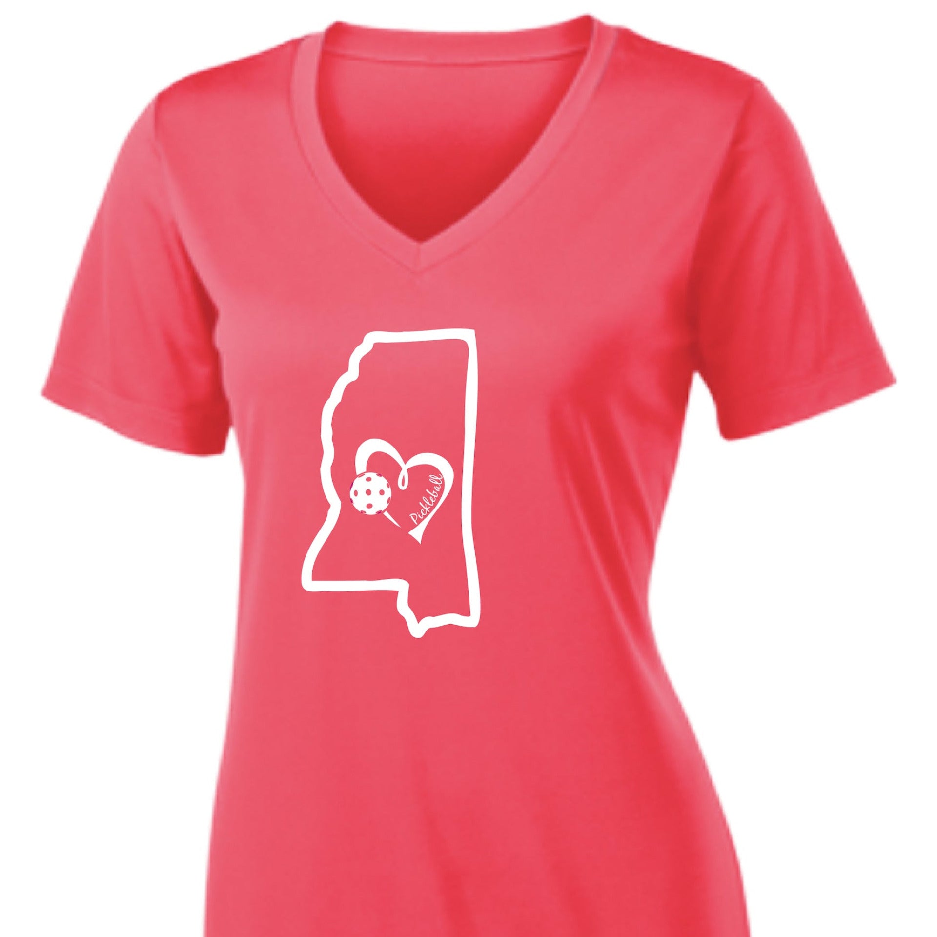 Pickleball Design: Mississippi State with Heart  Women's Styles: Short-Sleeve V-Neck  Turn up the volume in this Women's shirt with its perfect mix of softness and attitude. Material is ultra-comfortable with moisture wicking properties and tri-blend softness. PosiCharge technology locks in color. Highly breathable and lightweight.