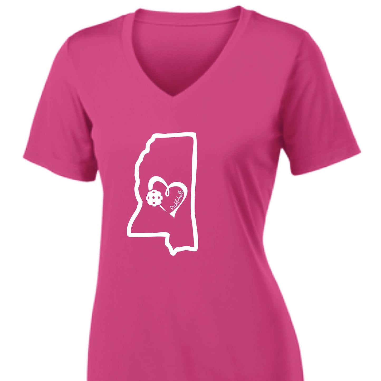 Pickleball Design: Mississippi State with Heart  Women's Styles: Short-Sleeve V-Neck  Turn up the volume in this Women's shirt with its perfect mix of softness and attitude. Material is ultra-comfortable with moisture wicking properties and tri-blend softness. PosiCharge technology locks in color. Highly breathable and lightweight.