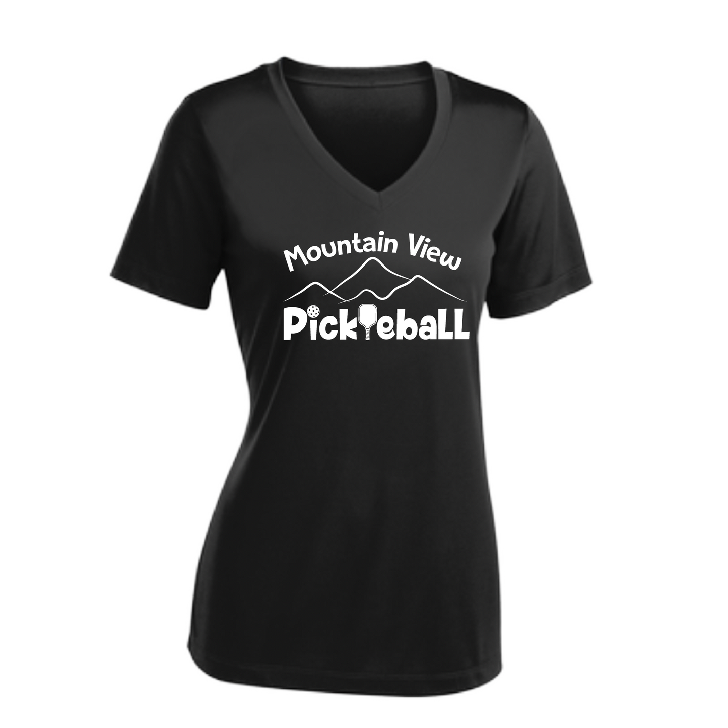 Pickleball Design: Mountain View Pickleball Club  Women's Style: Short-Sleeve V-Neck  Turn up the volume in this Women's shirt with its perfect mix of softness and attitude. Material is ultra-comfortable with moisture wicking properties and tri-blend softness. PosiCharge technology locks in color. Highly breathable and lightweight.