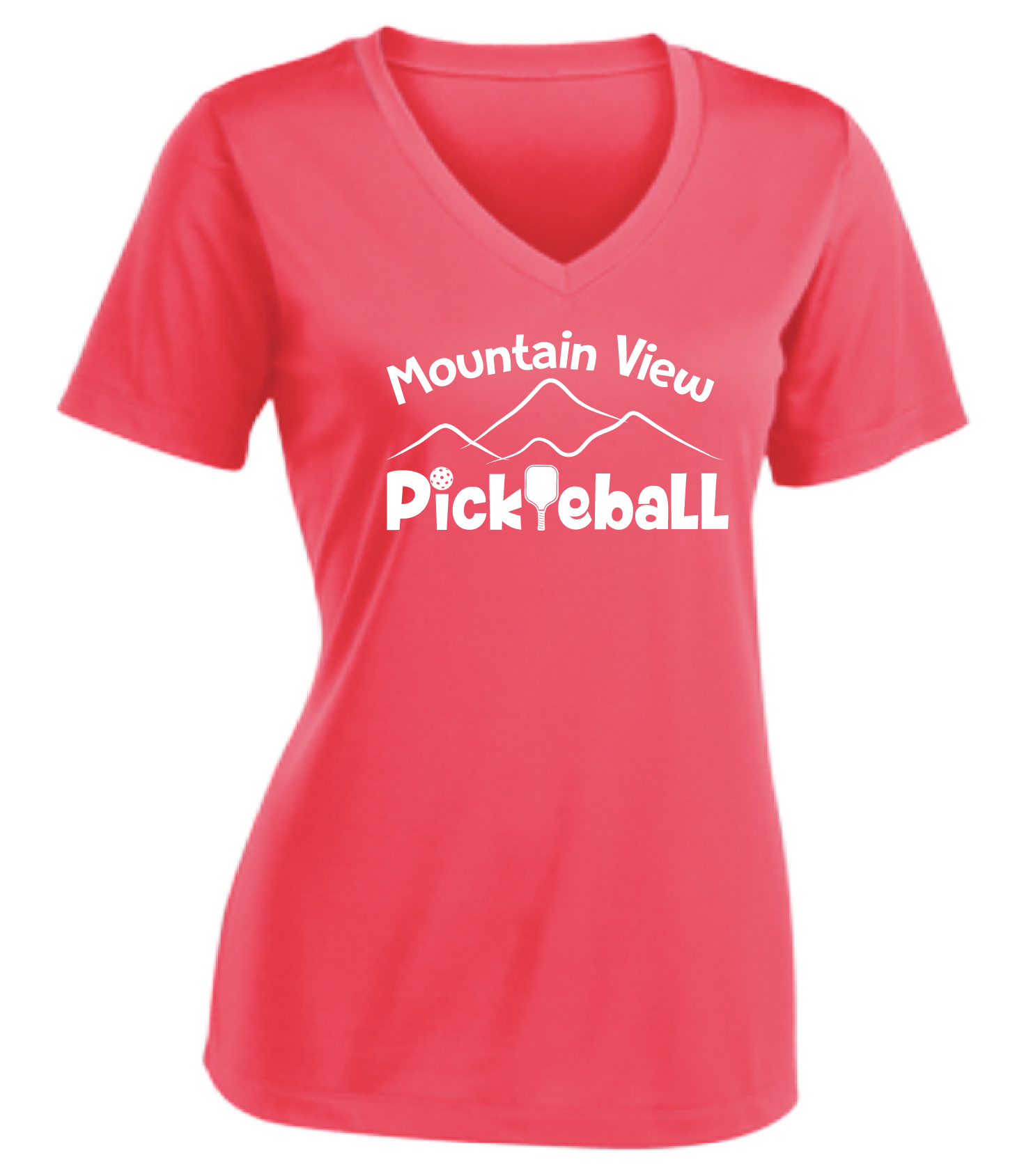 Pickleball Design: Mountain View Pickleball Club  Women's Style: Short-Sleeve V-Neck  Turn up the volume in this Women's shirt with its perfect mix of softness and attitude. Material is ultra-comfortable with moisture wicking properties and tri-blend softness. PosiCharge technology locks in color. Highly breathable and lightweight.