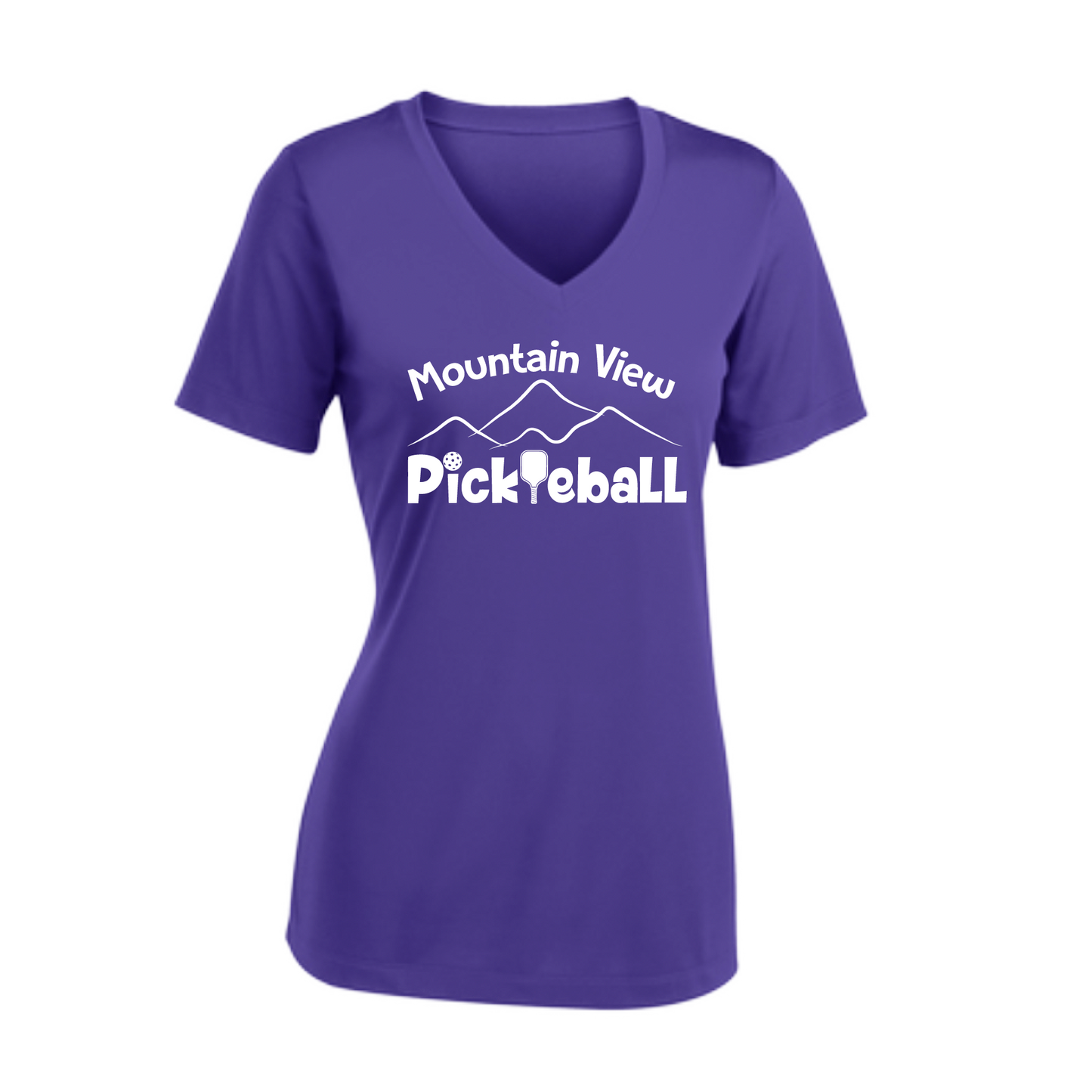 Pickleball Design: Mountain View Pickleball Club  Women's Style: Short-Sleeve V-Neck  Turn up the volume in this Women's shirt with its perfect mix of softness and attitude. Material is ultra-comfortable with moisture wicking properties and tri-blend softness. PosiCharge technology locks in color. Highly breathable and lightweight.