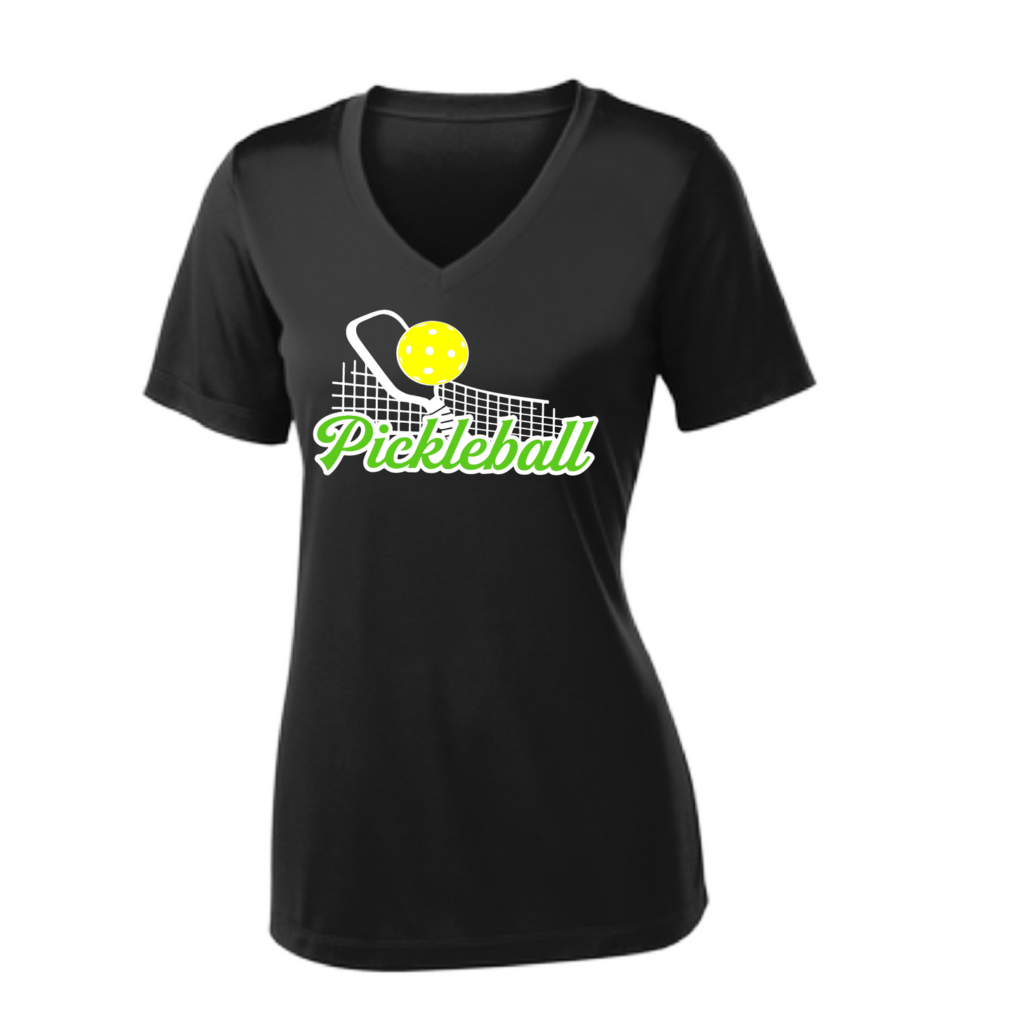 Pickleball Design: Pickleball  and Net  Women's Style: Short Sleeve V-Neck  Turn up the volume in this Women's shirt with its perfect mix of softness and attitude. Material is ultra-comfortable with moisture wicking properties and tri-blend softness. PosiCharge technology locks in color. Highly breathable and lightweight.