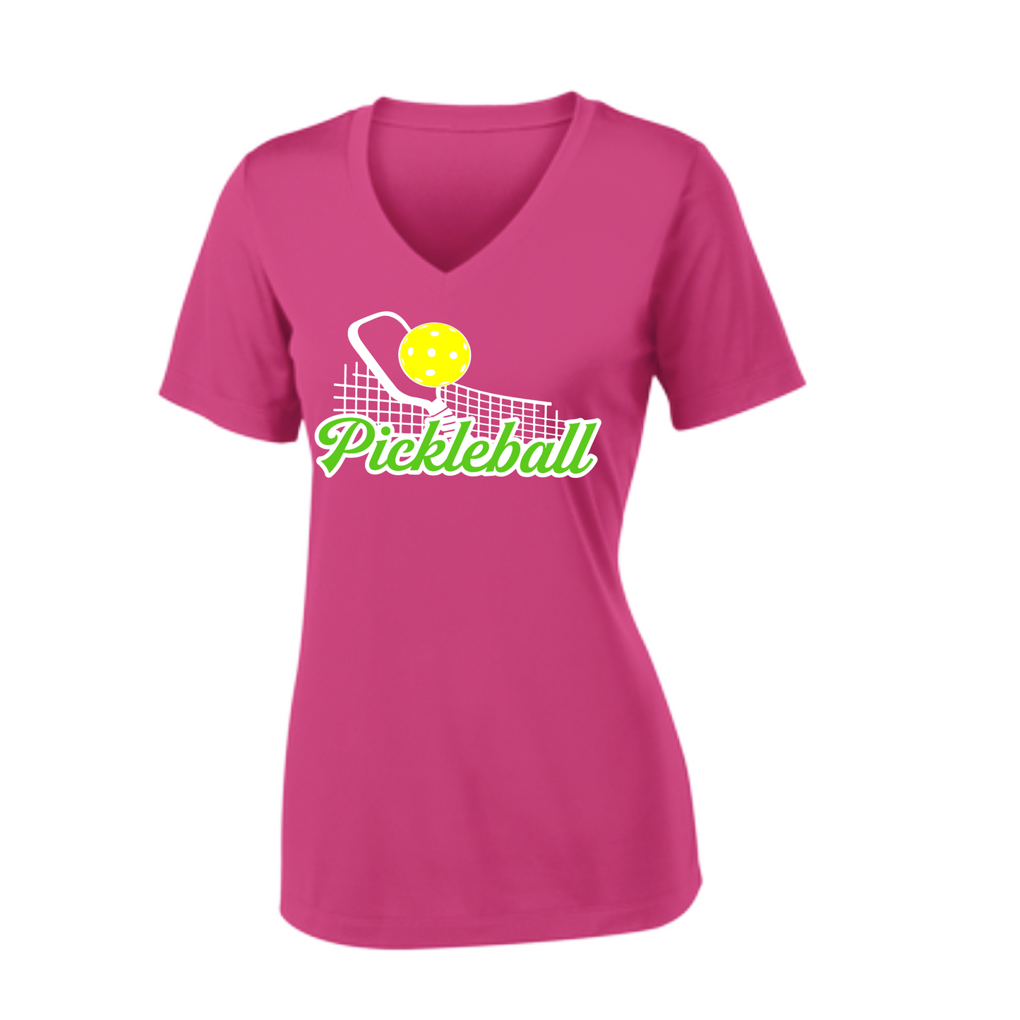 Pickleball Design: Pickleball  and Net  Women's Style: Short Sleeve V-Neck  Turn up the volume in this Women's shirt with its perfect mix of softness and attitude. Material is ultra-comfortable with moisture wicking properties and tri-blend softness. PosiCharge technology locks in color. Highly breathable and lightweight.