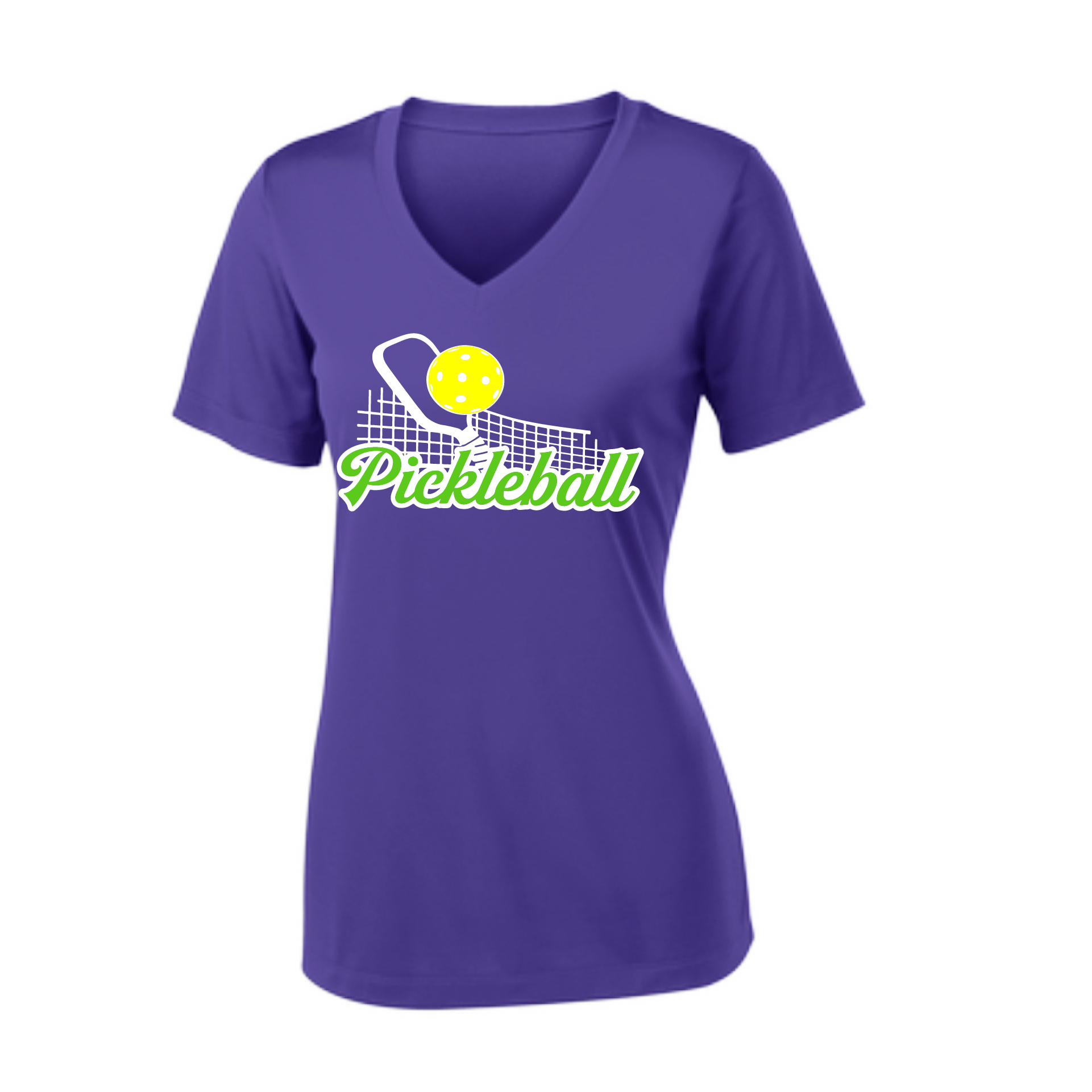 Pickleball Design: Pickleball  and Net  Women's Style: Short Sleeve V-Neck  Turn up the volume in this Women's shirt with its perfect mix of softness and attitude. Material is ultra-comfortable with moisture wicking properties and tri-blend softness. PosiCharge technology locks in color. Highly breathable and lightweight.