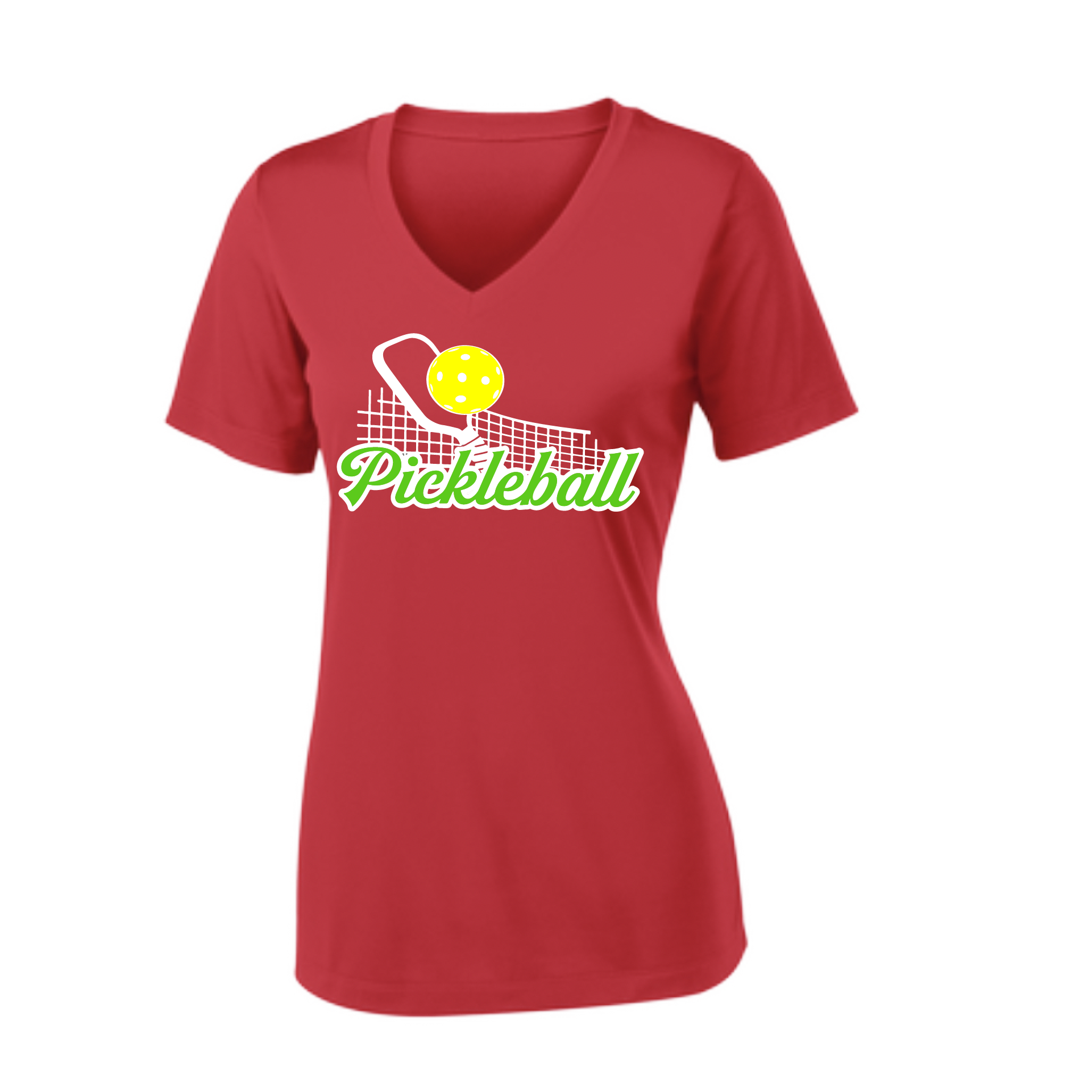Pickleball Design: Pickleball  and Net  Women's Style: Short Sleeve V-Neck  Turn up the volume in this Women's shirt with its perfect mix of softness and attitude. Material is ultra-comfortable with moisture wicking properties and tri-blend softness. PosiCharge technology locks in color. Highly breathable and lightweight.
