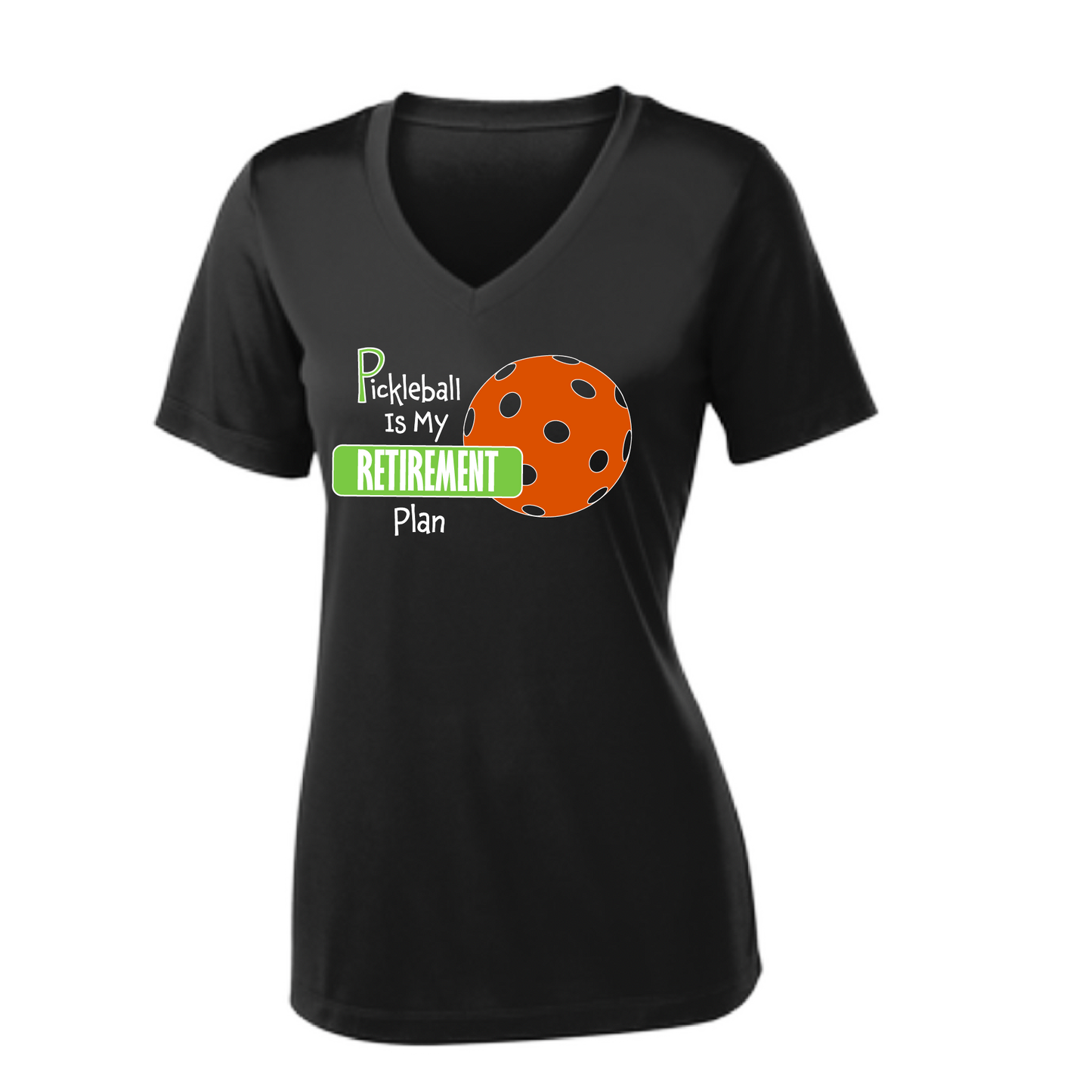 Pickleball Design: Pickleball is my Retirement plan  Women's Style: Short-Sleeve V-Neck Tank  Turn up the volume in this Women's shirt with its perfect mix of softness and attitude. Material is ultra-comfortable with moisture wicking properties and tri-blend softness. PosiCharge technology locks in color. Highly breathable and lightweight.