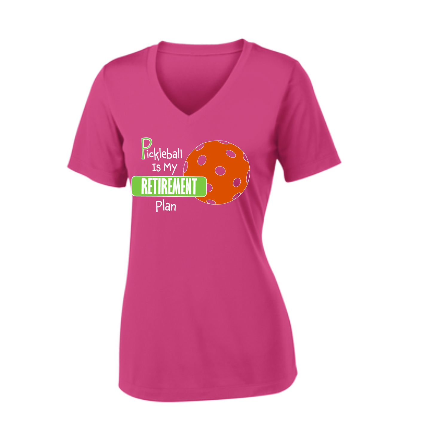 Pickleball Design: Pickleball is my Retirement plan  Women's Style: Short-Sleeve V-Neck Tank  Turn up the volume in this Women's shirt with its perfect mix of softness and attitude. Material is ultra-comfortable with moisture wicking properties and tri-blend softness. PosiCharge technology locks in color. Highly breathable and lightweight.