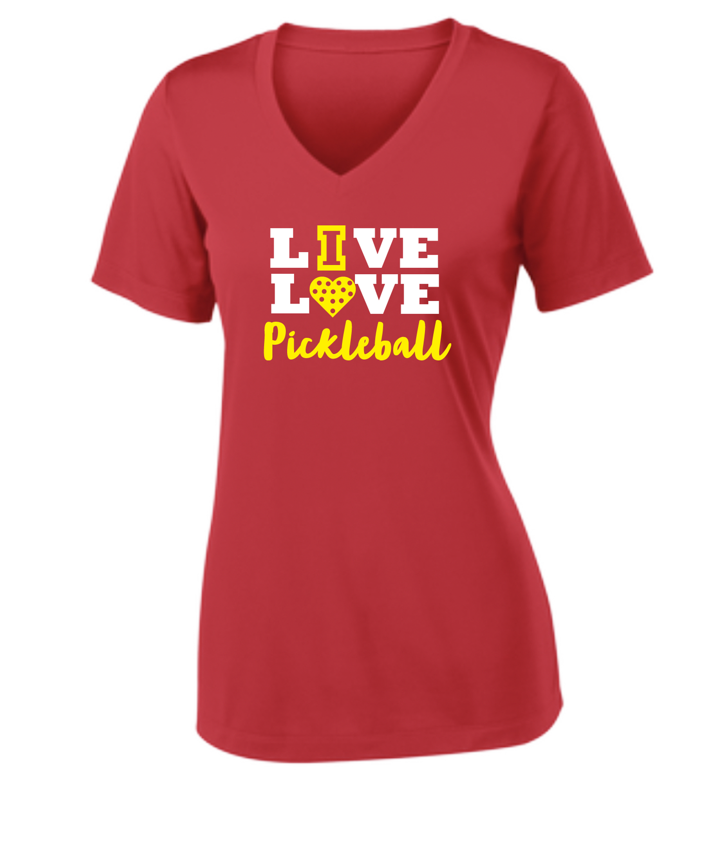 Pickleball Design: Live Love Pickleball  Women's Style: Short Sleeve V-Neck  Turn up the volume in this Women's shirt with its perfect mix of softness and attitude. Material is ultra-comfortable with moisture wicking properties and tri-blend softness. PosiCharge technology locks in color. Highly breathable and lightweight.