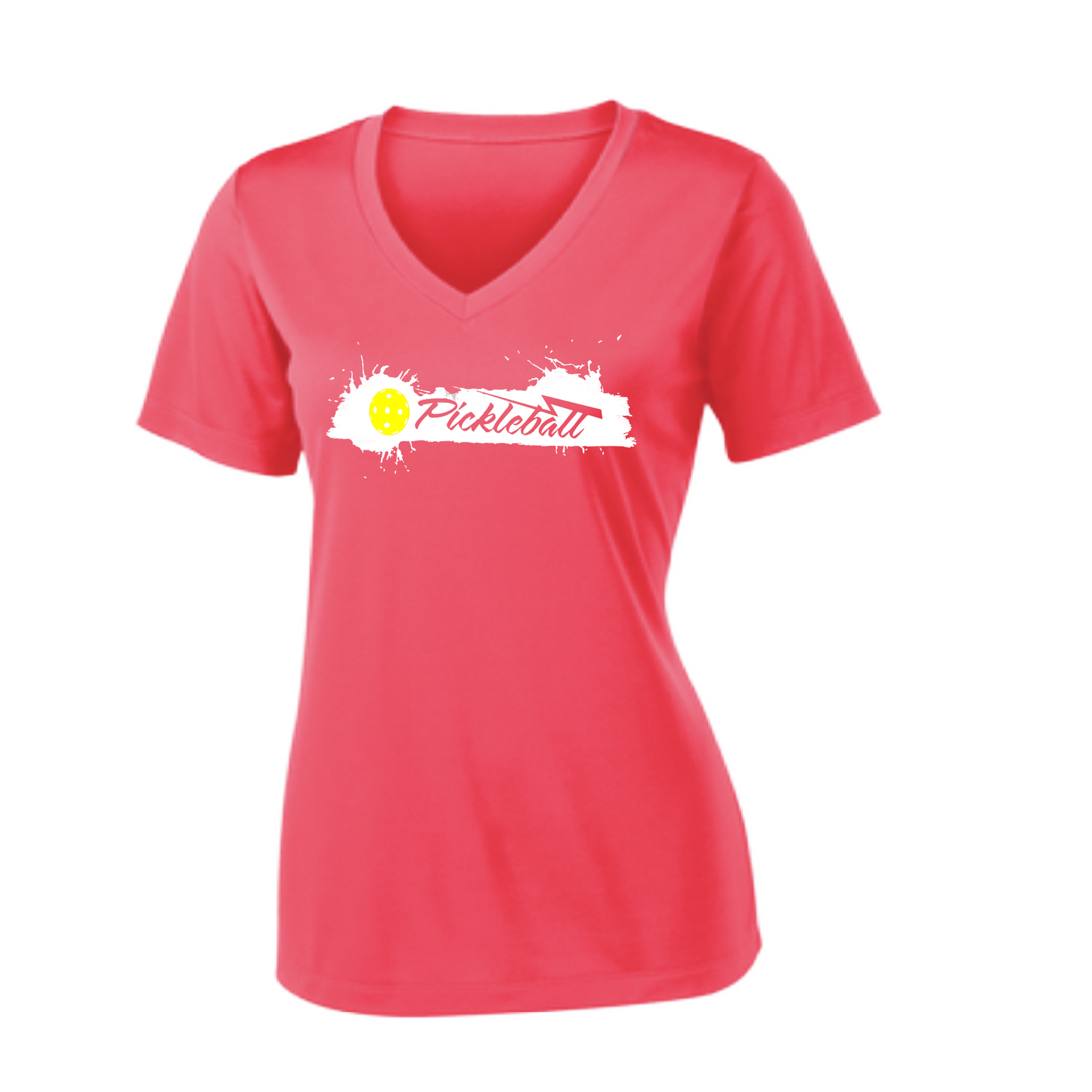 Pickleball Design: Extreme  Women's Style: Short Sleeve V-Neck  Turn up the volume in this Women's shirt with its perfect mix of softness and attitude. Material is ultra-comfortable with moisture wicking properties and tri-blend softness. PosiCharge technology locks in color. Highly breathable and lightweight. 