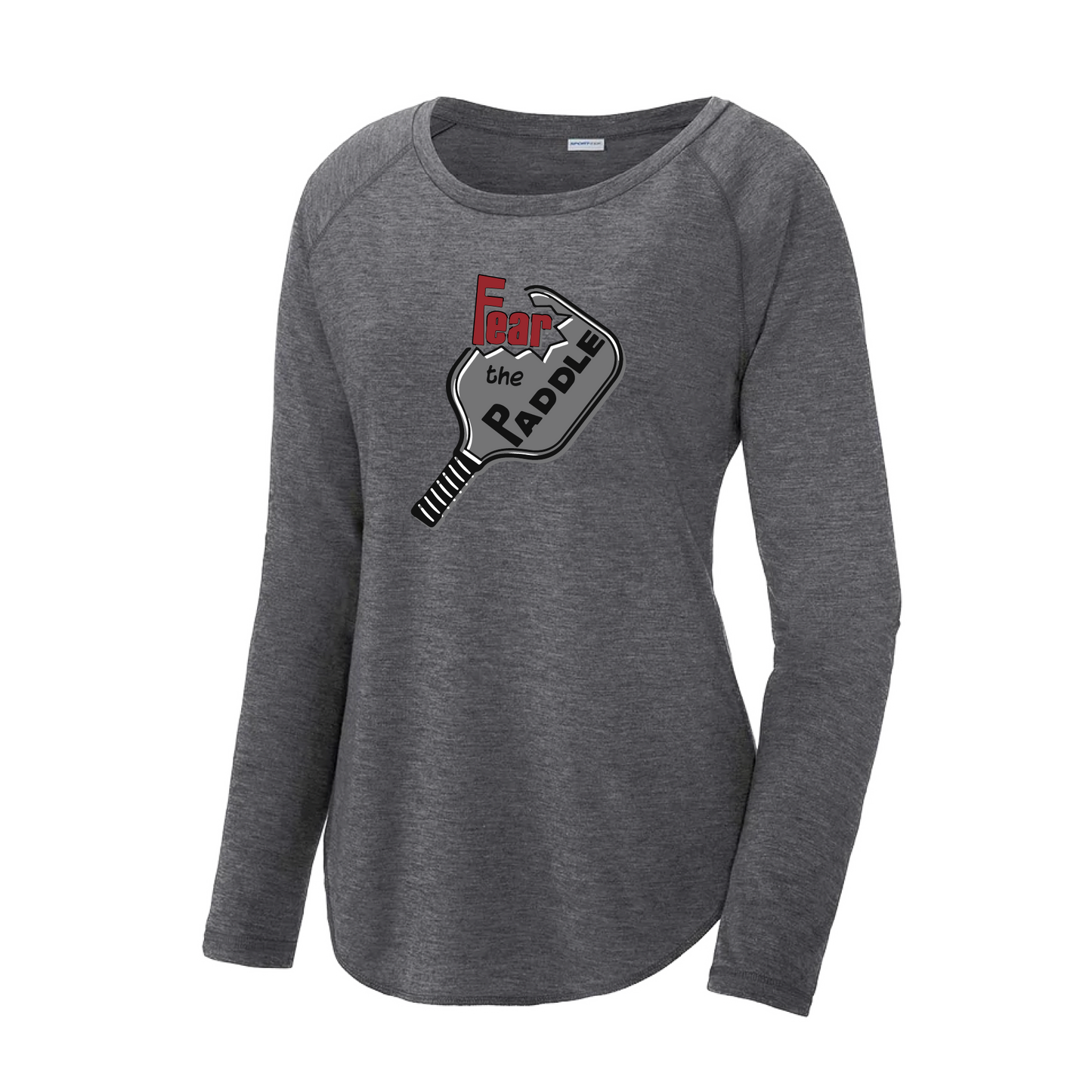 Pickleball Design: Fear the Paddle  Women's Style: Long Sleeve Scoop-Neck  Turn up the volume in this Women's shirt with its perfect mix of softness and attitude. Material is ultra-comfortable with moisture wicking properties and tri-blend softness. PosiCharge technology locks in color. Highly breathable and lightweight.