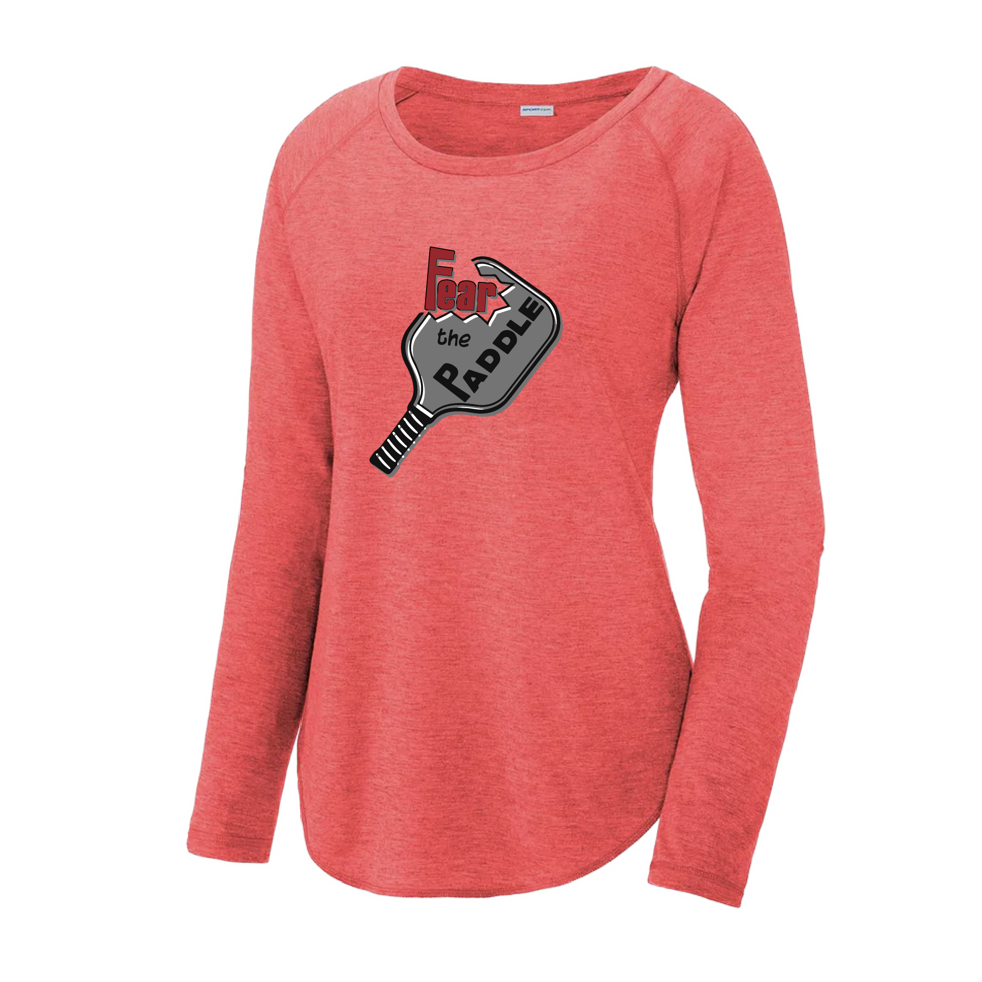 Pickleball Design: Fear the Paddle  Women's Style: Long Sleeve Scoop-Neck  Turn up the volume in this Women's shirt with its perfect mix of softness and attitude. Material is ultra-comfortable with moisture wicking properties and tri-blend softness. PosiCharge technology locks in color. Highly breathable and lightweight.