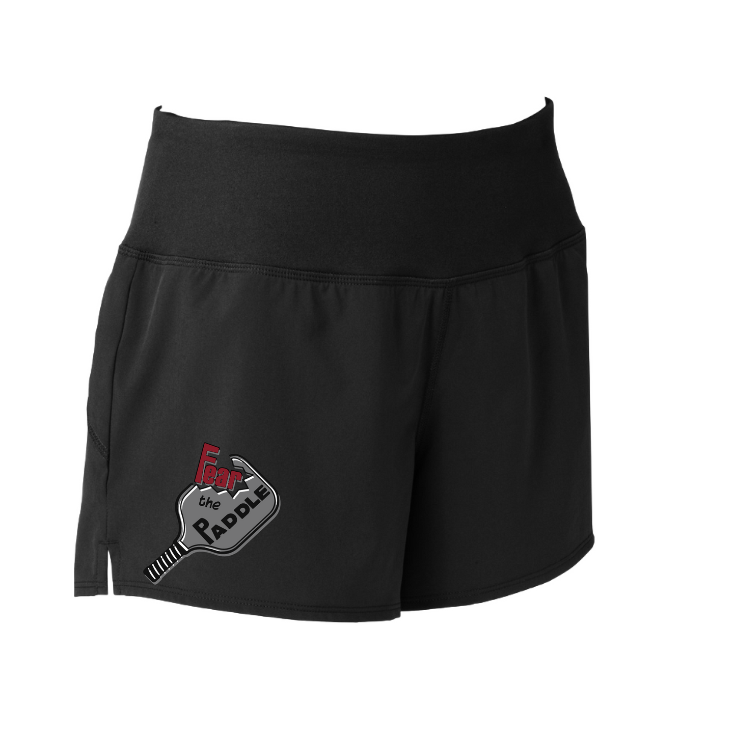 Shorts Pickleball Design: Fear the Paddle  Sport Tek women’s repeat shorts come with built-in cell phone pocket on the exterior of the waistband. You can also feel secure knowing that no matter how strenuous the exercise, the shorts will remain in place (it won’t ride up!). These shorts are extremely versatile and trendy. Transition from the Pickleball court to running errands smoothly.